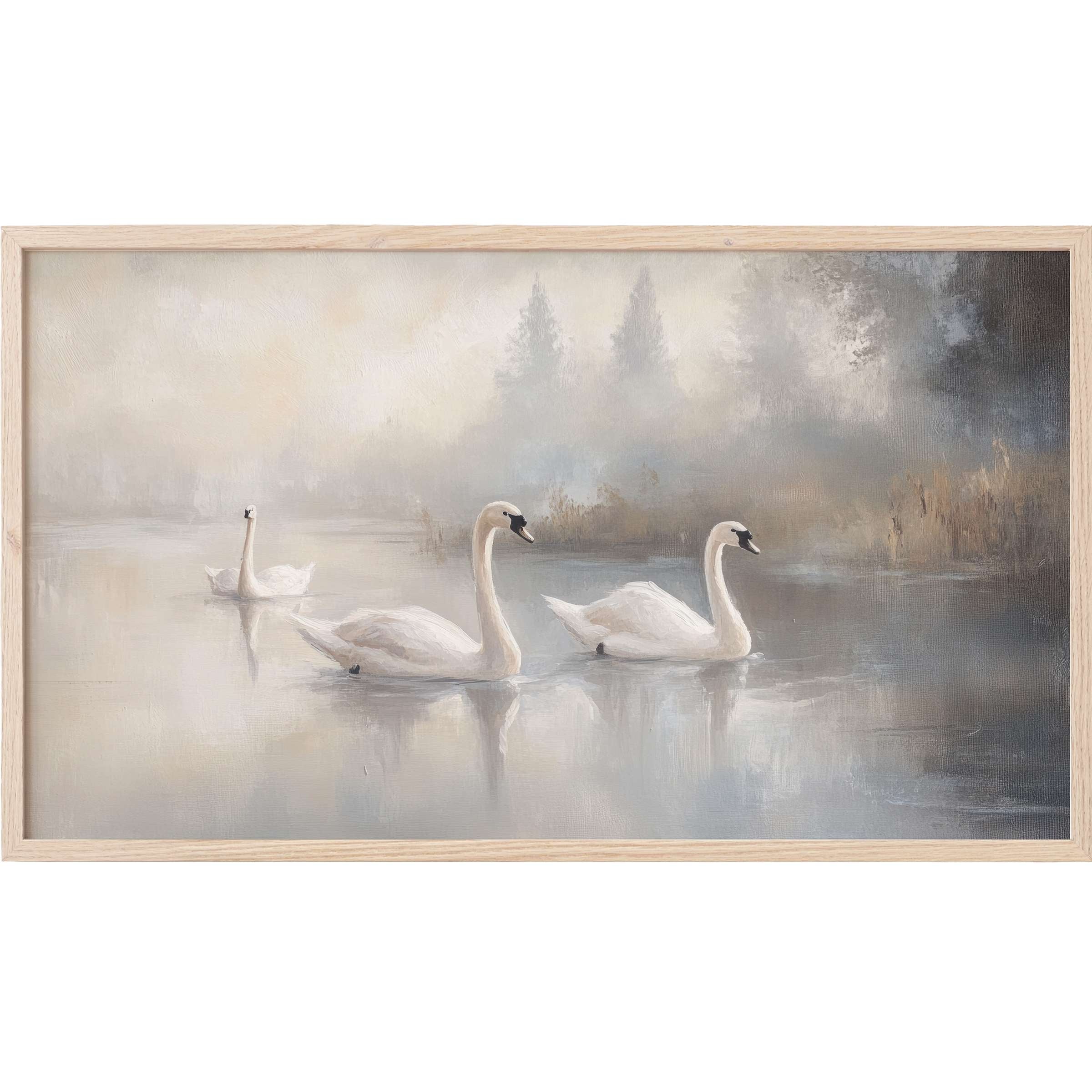 Serene swans glide on misty waters in soft neutrals and muted blues, framed in elegant vintage Frame TV Art style