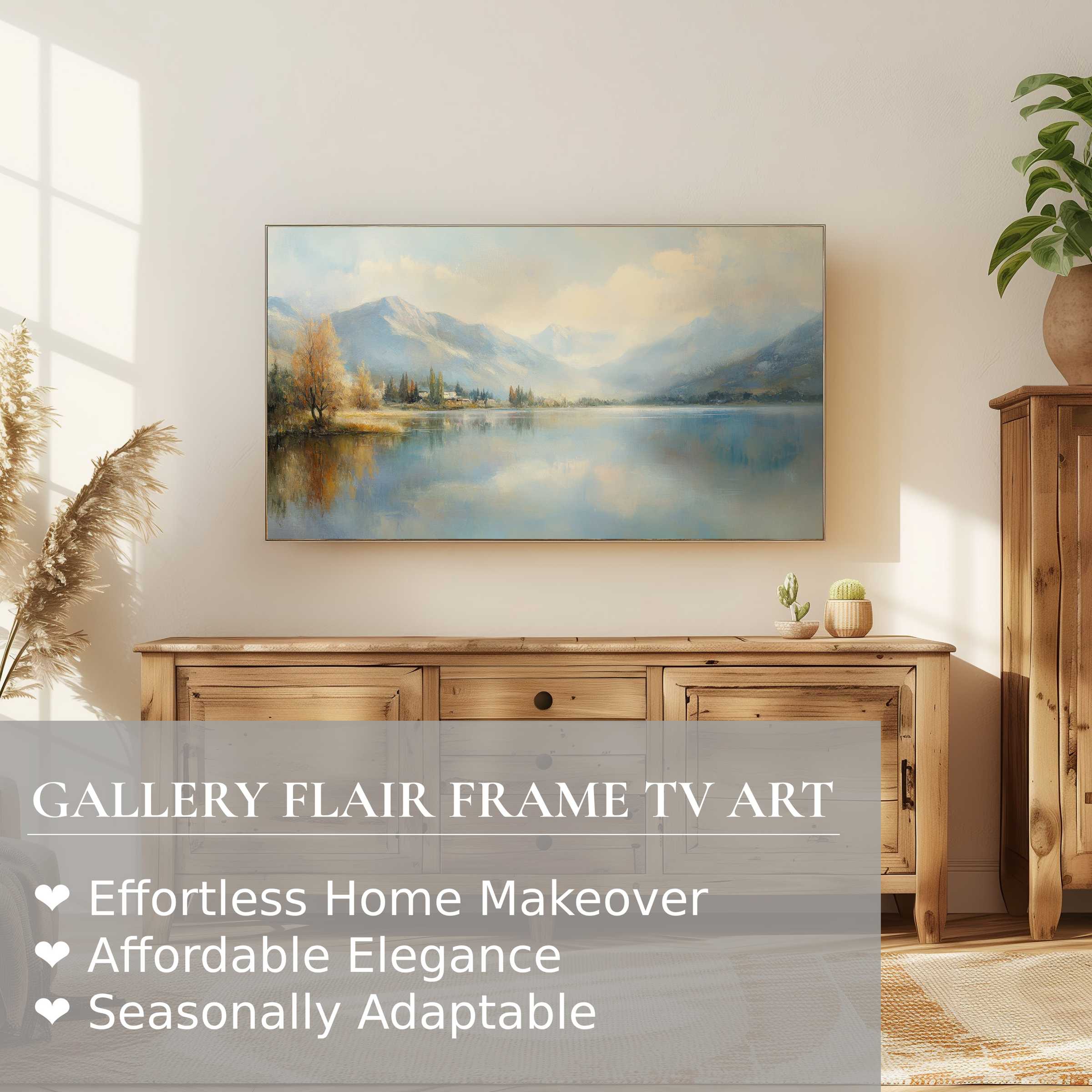 Samsung Frame TV displaying serene, impressionistic landscape digital artwork in a warm, modern living space