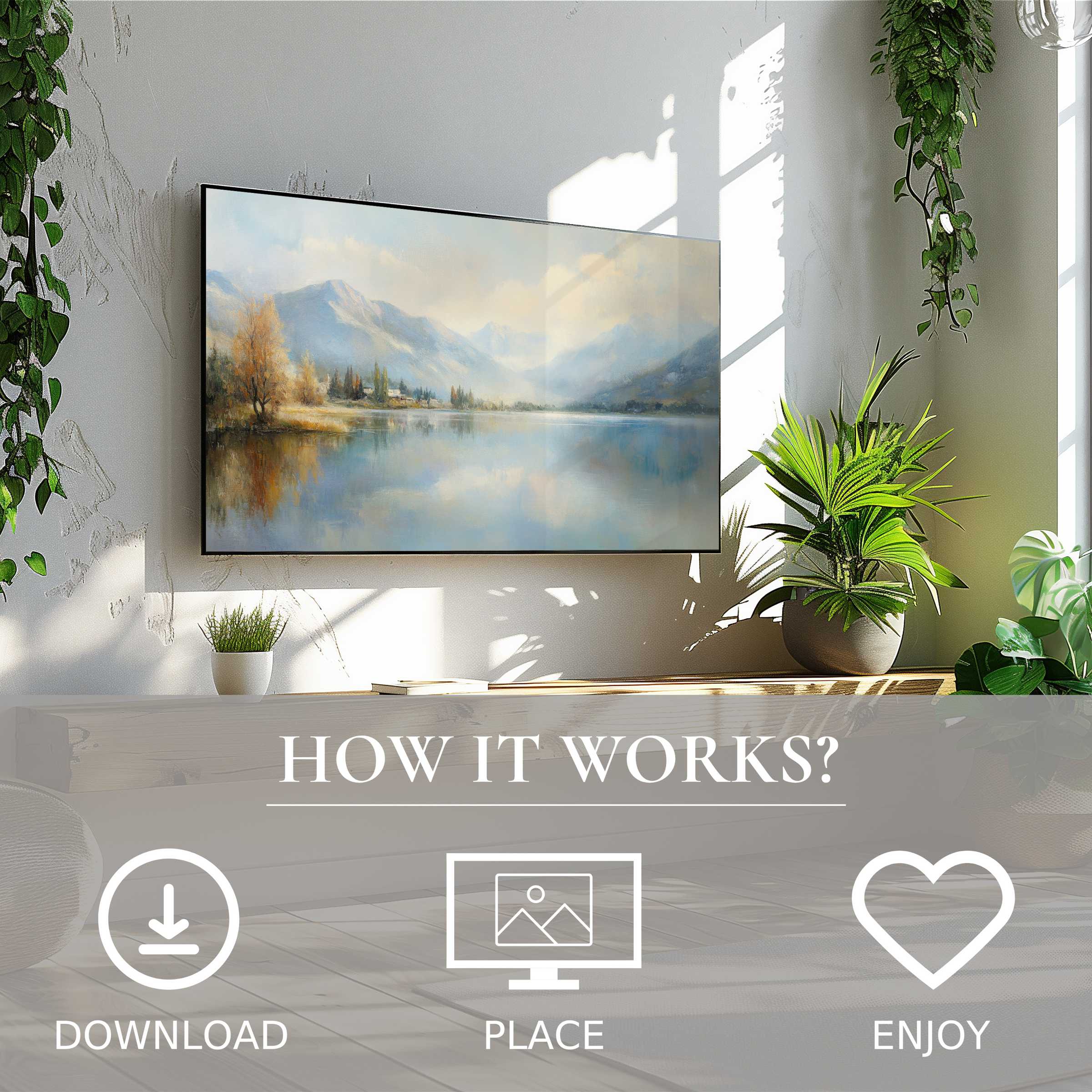 Landscape art for Samsung TV shows soft mountain hues; easy digital download enriches bright, modern living with serene decor