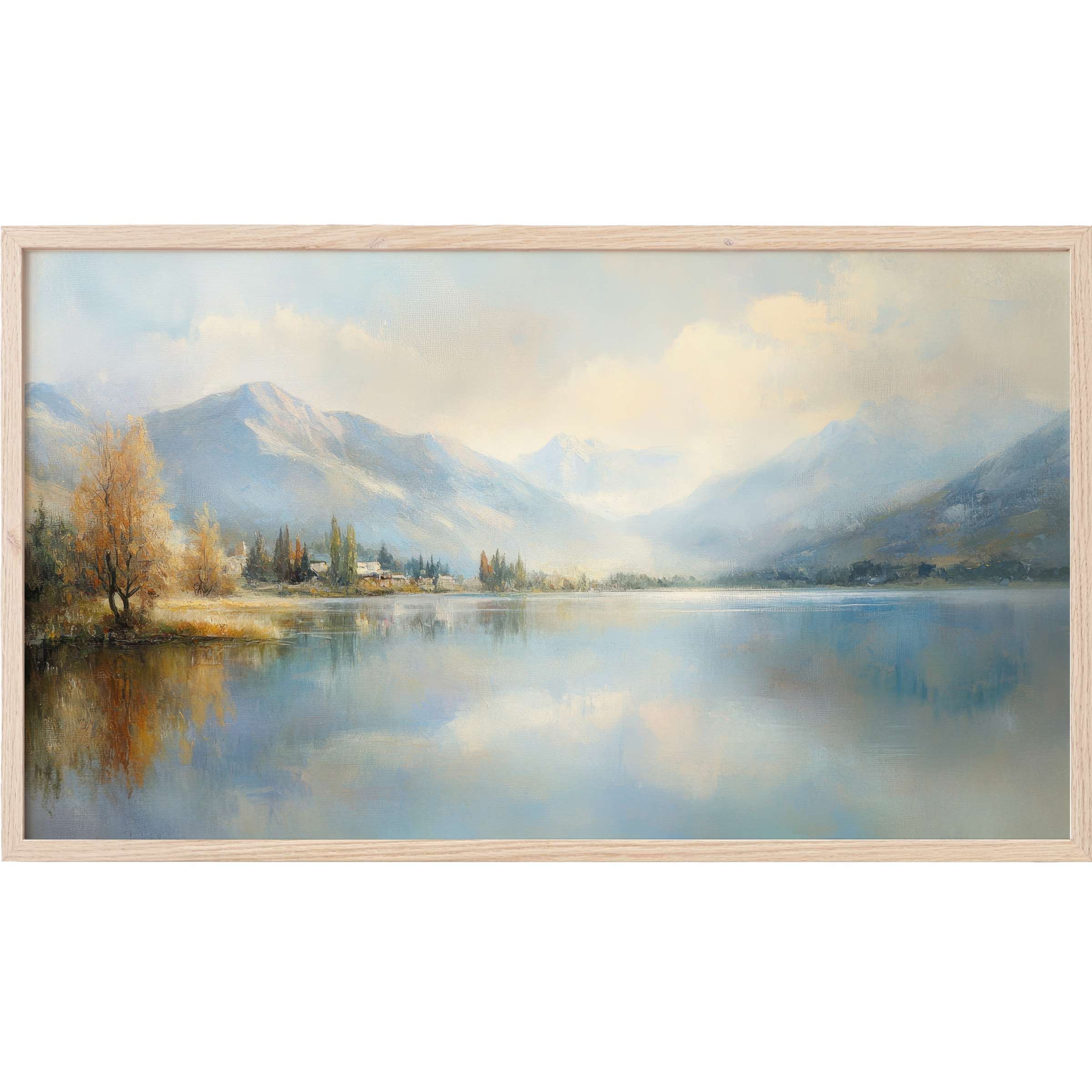 Serene misty lake with autumn trees and distant mountains in soft blues and golds, landscape Frame TV Art