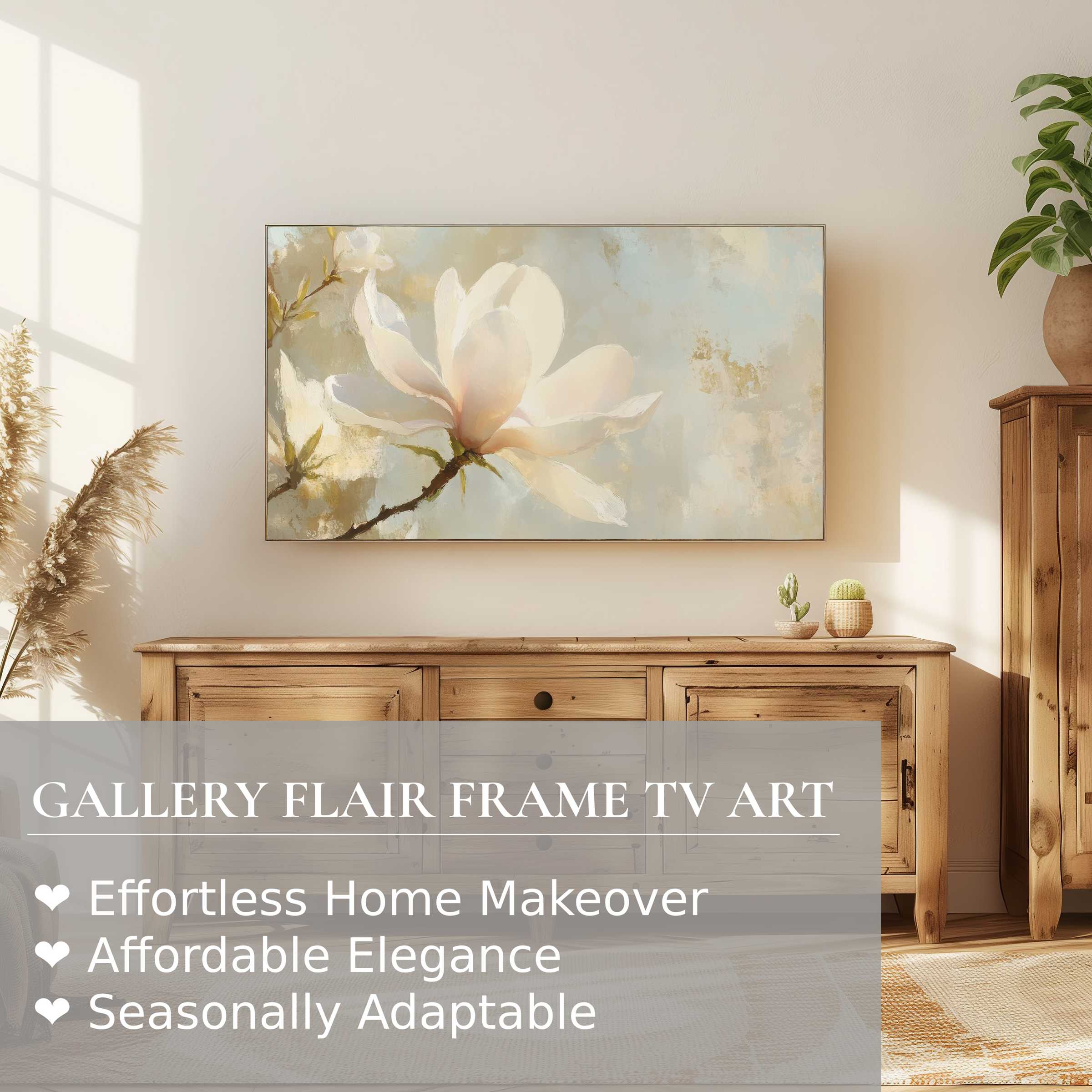 Samsung Frame TV displays refined spring digital artwork of a soft magnolia in a modern, elegant living space