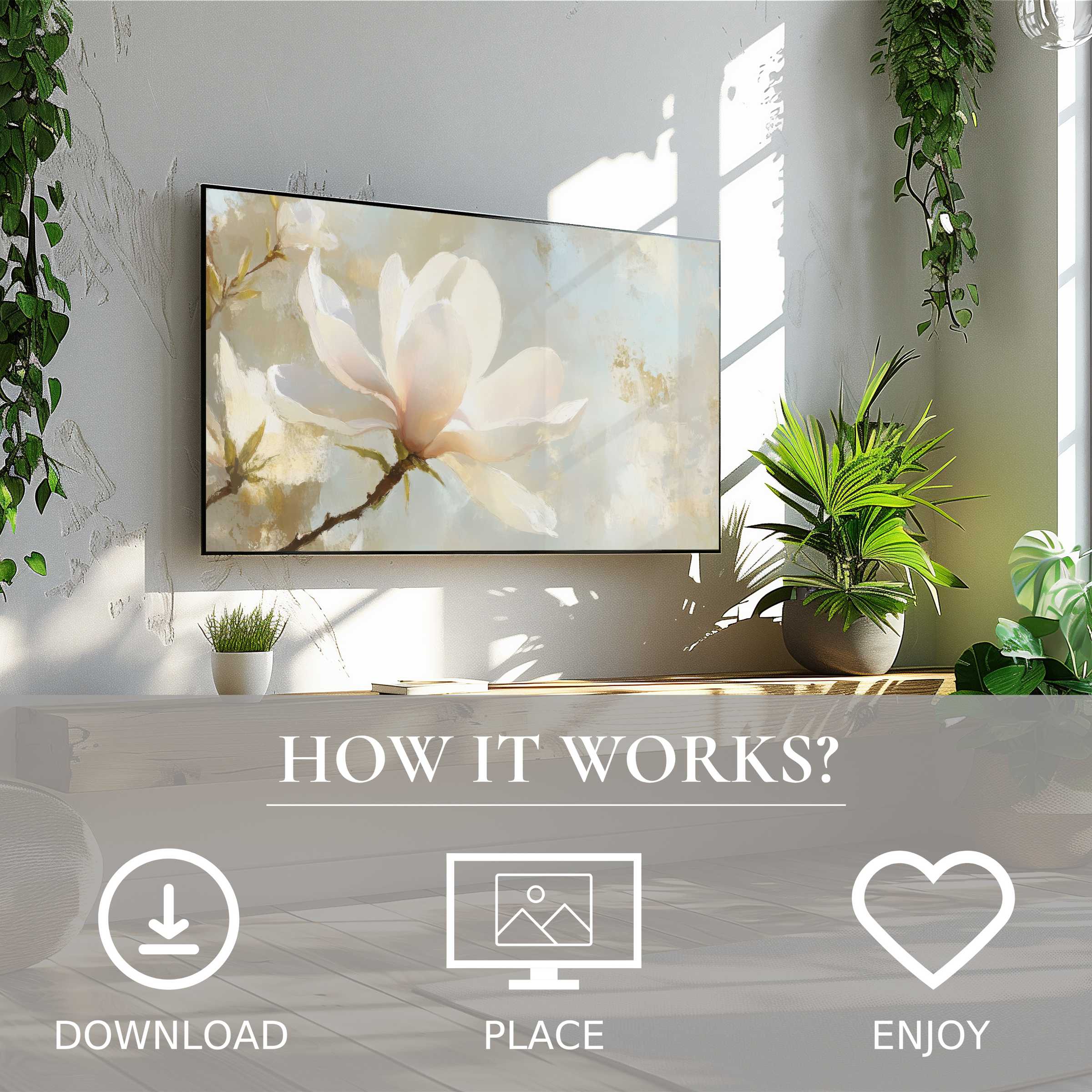Spring art for Samsung TV shows soft cream magnolia blooms; simple digital download enriches modern living spaces