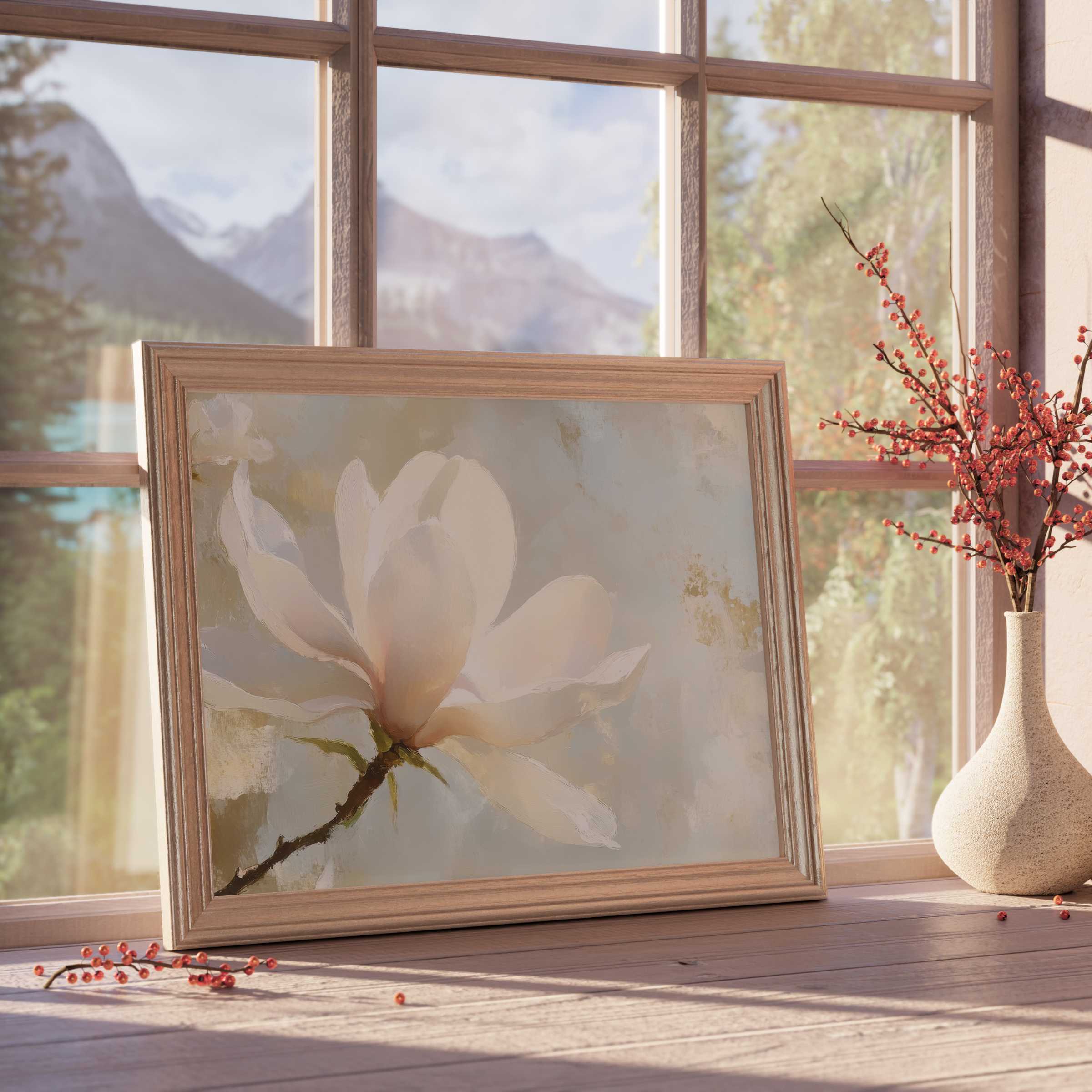 Elegant spring downloadable art featuring a serene magnolia bloom, enriching cultivated, tranquil interiors with timeless charm