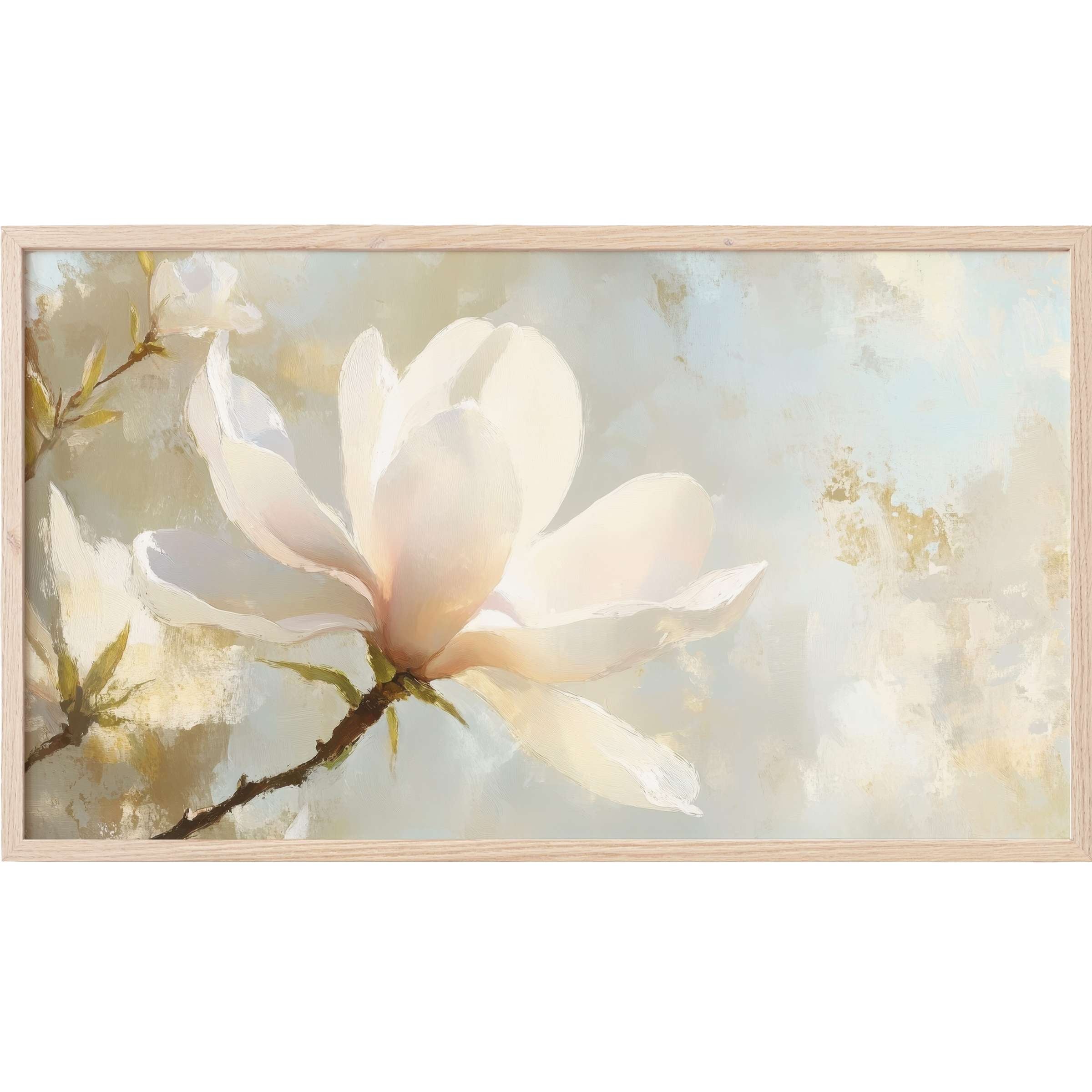 Elegant spring Frame TV Art featuring soft white magnolia petals against a muted blue and beige textured background