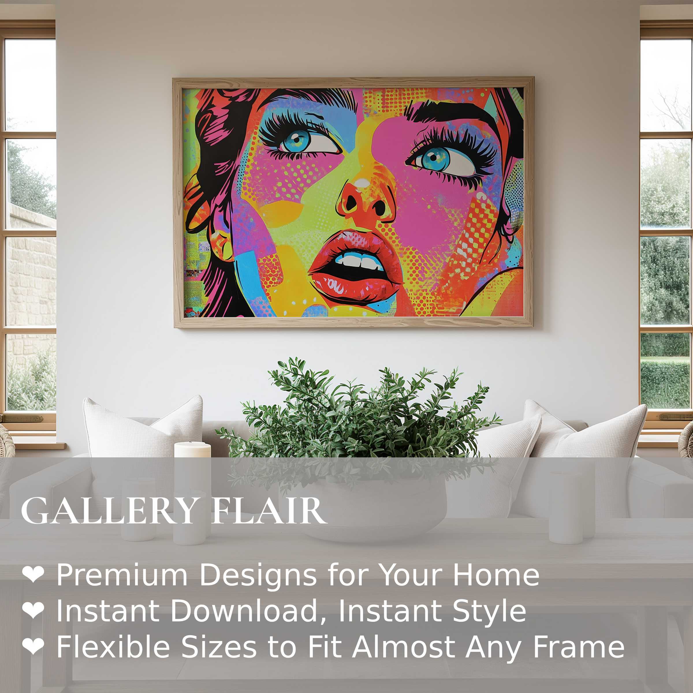 Pop art wall art print with vibrant, bold colors and striking female portrait enhancing a sleek, modern living space with dynamic energy