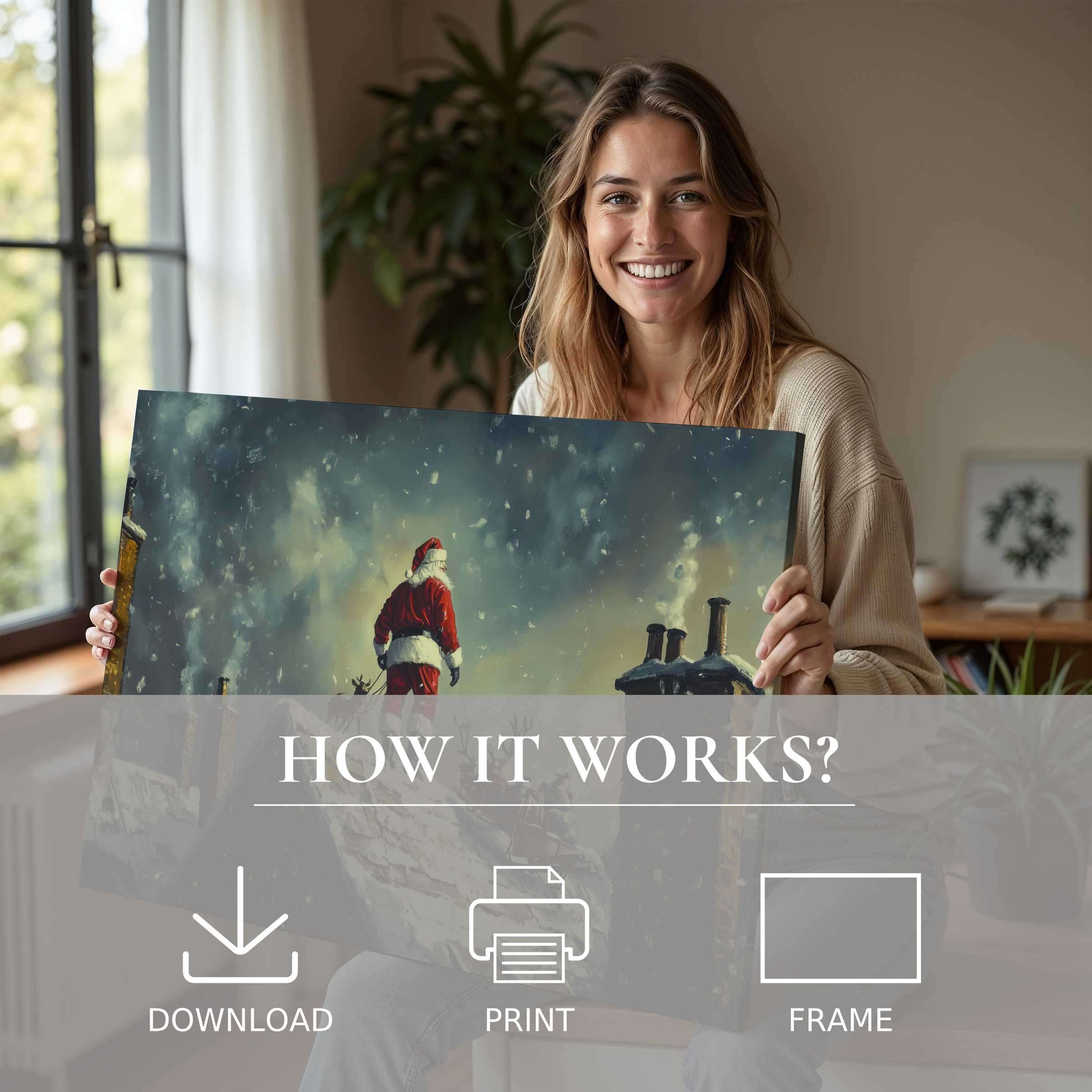 Serene moment in a modern home where Christmas digital art print inspires warmth and joyful connection with ease