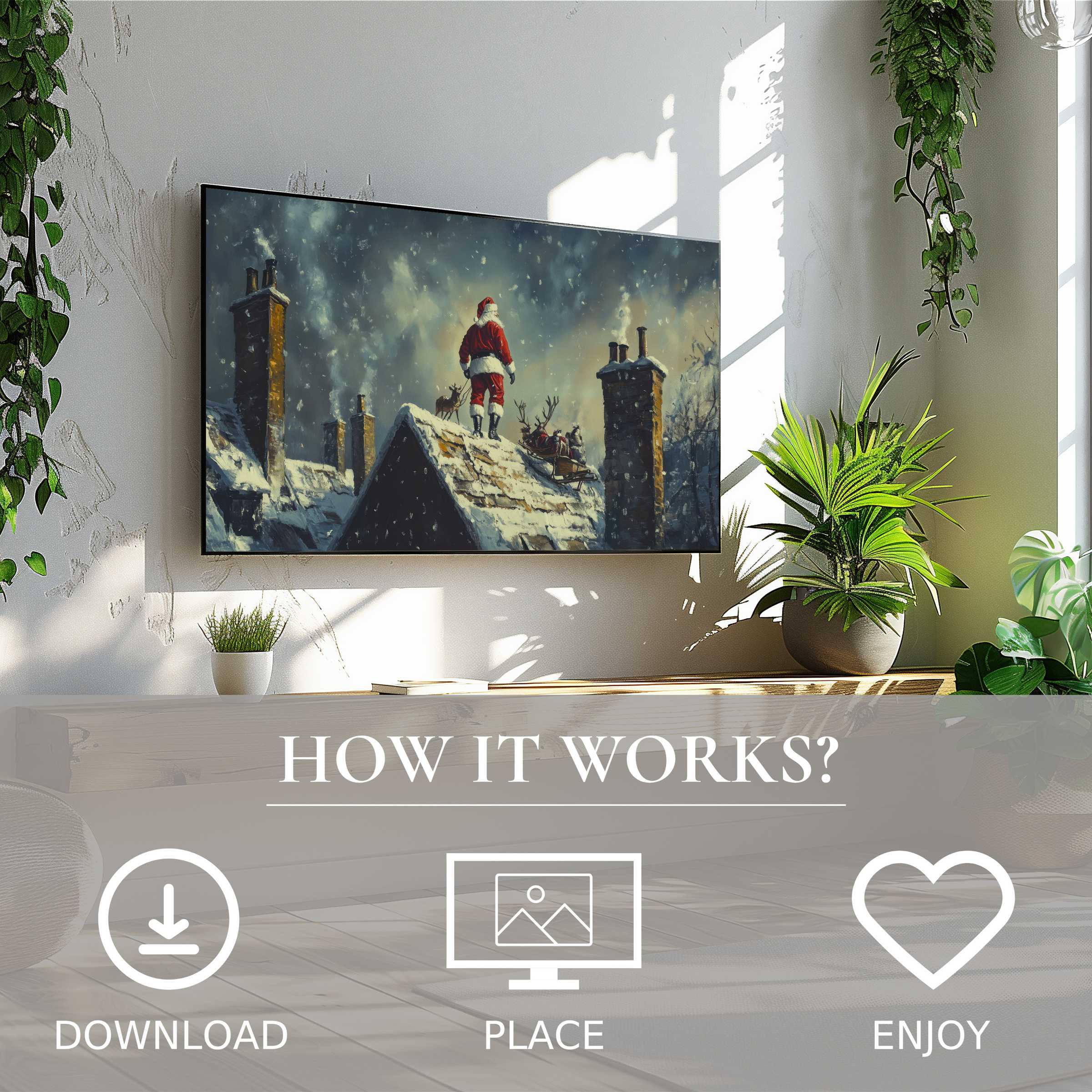 Modern living room with easy digital download; christmas art for Samsung TV shows festive snowy rooftop scene