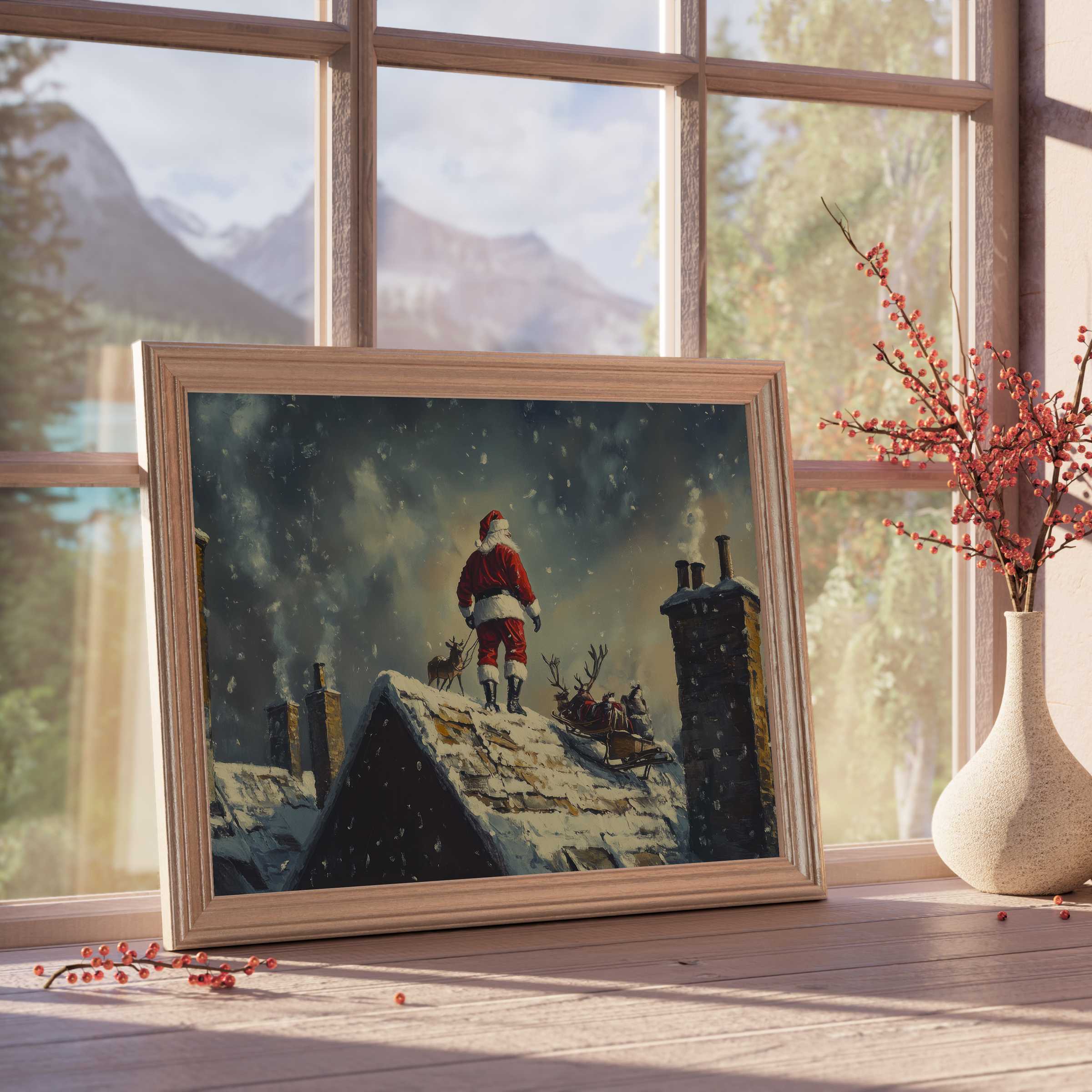 Christmas downloadable art capturing a serene snowy rooftop with Santa and reindeer, adding cozy charm to elegant holiday interiors