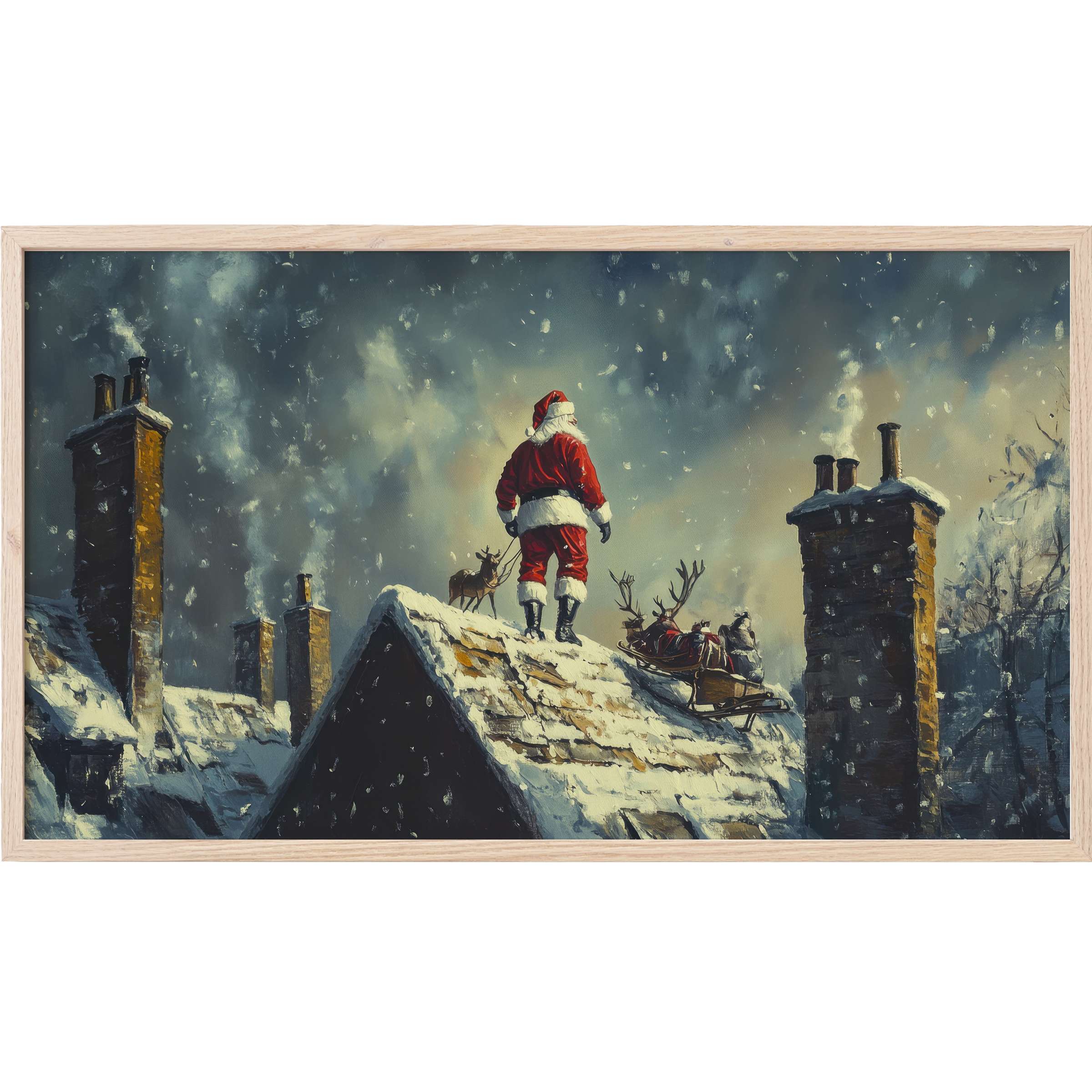 Christmas Frame TV Art with Santa on snowy rooftop, muted blues, warm brick tones, and a timeless, painterly style