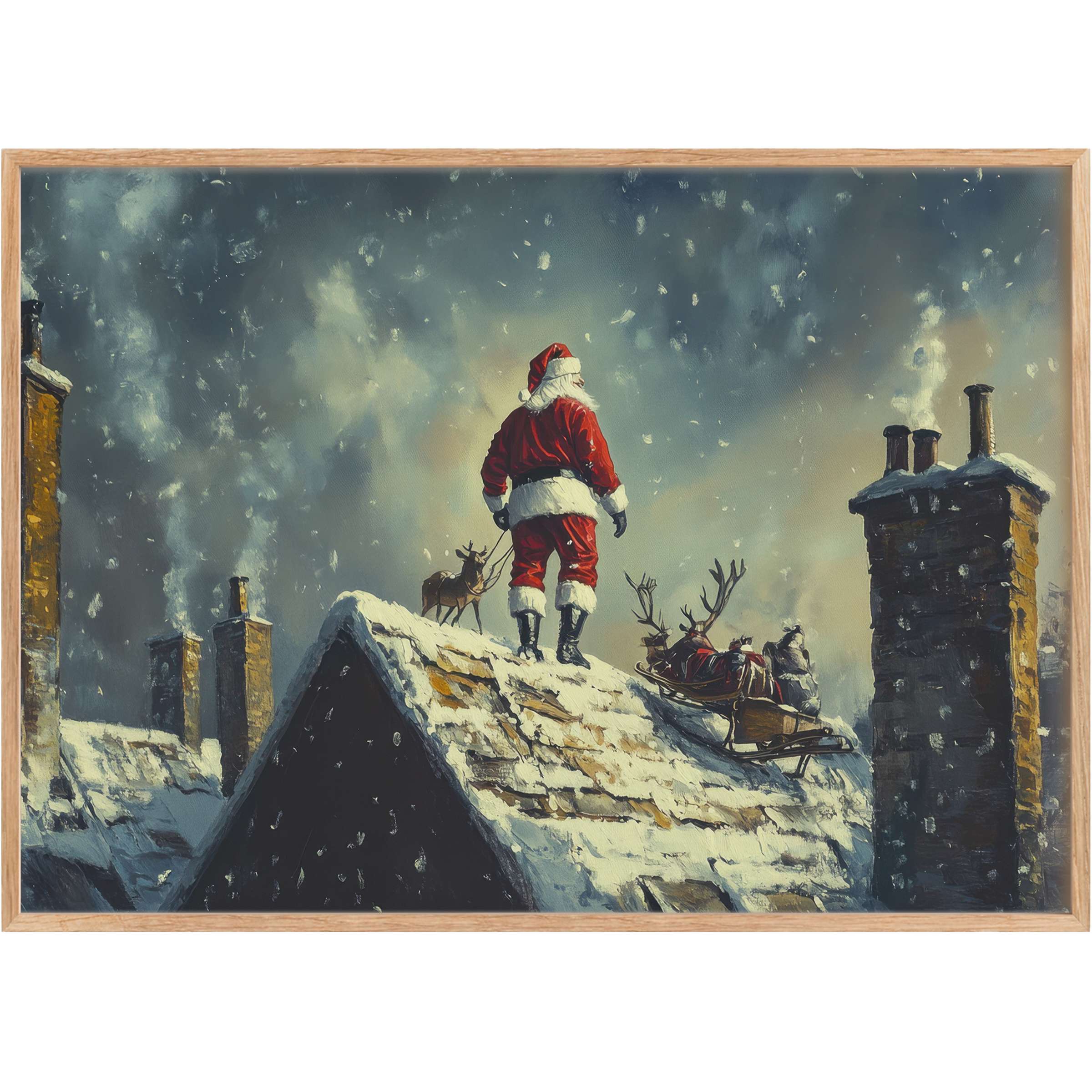 Christmas printable wall art capturing Santa’s quiet strength atop a snowy rooftop, evoking a serene, timeless holiday glow