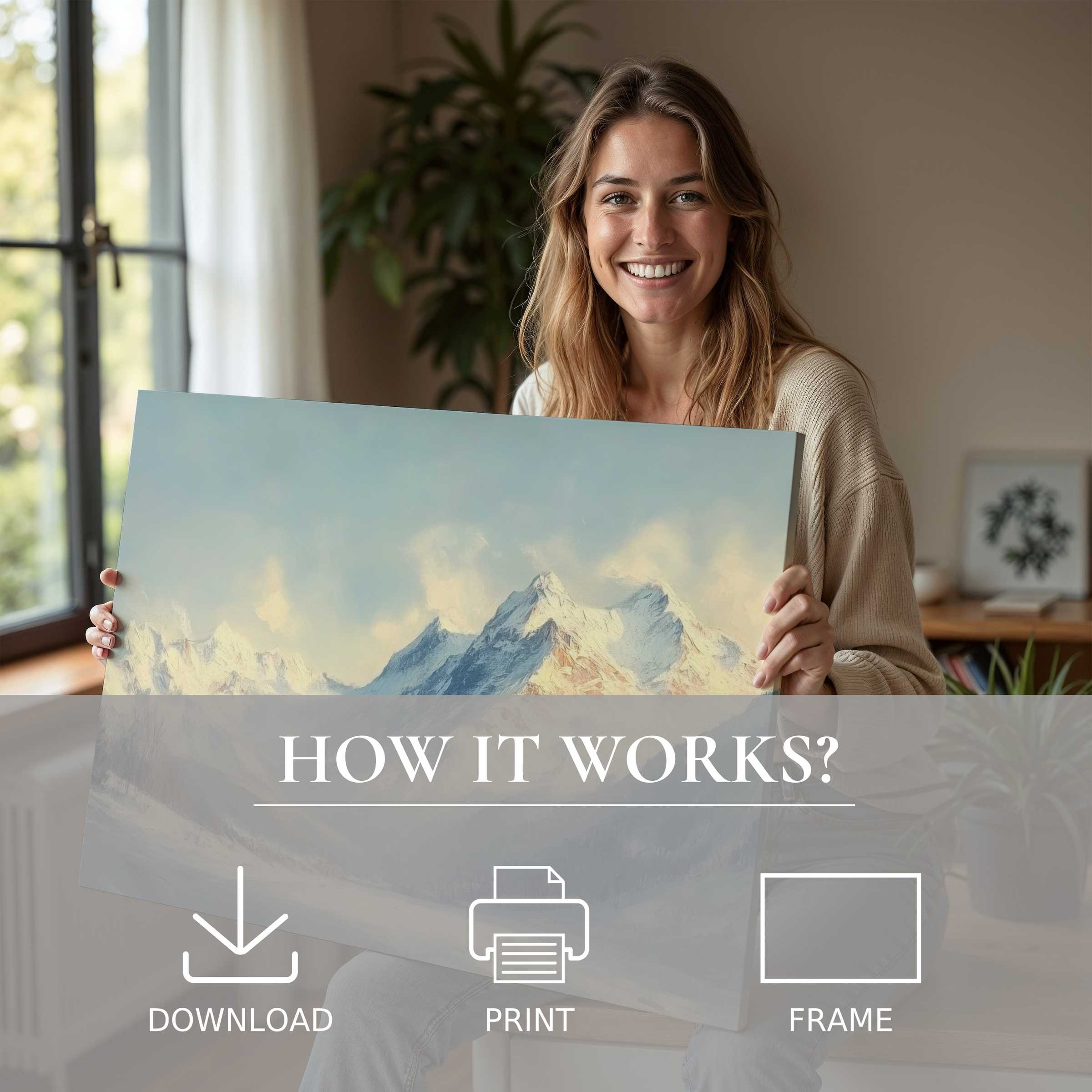 Elegant winter digital art print radiates serene mountain peaks, bringing warmth and joy into a modern stylish home