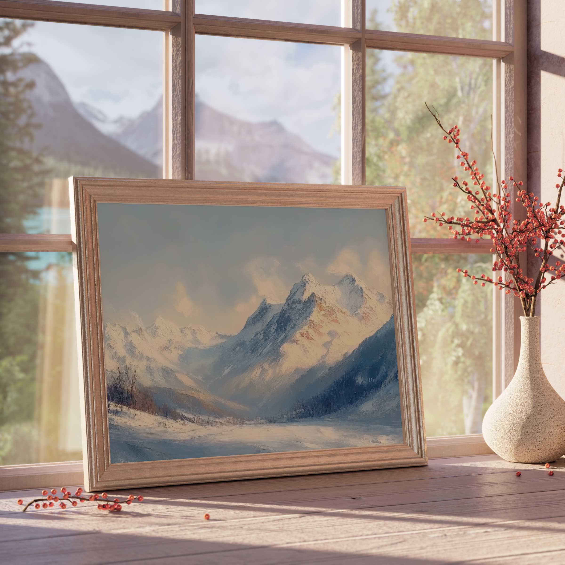 Winter downloadable art capturing serene snow-capped peaks and soft light, enhancing curated, tranquil modern interiors