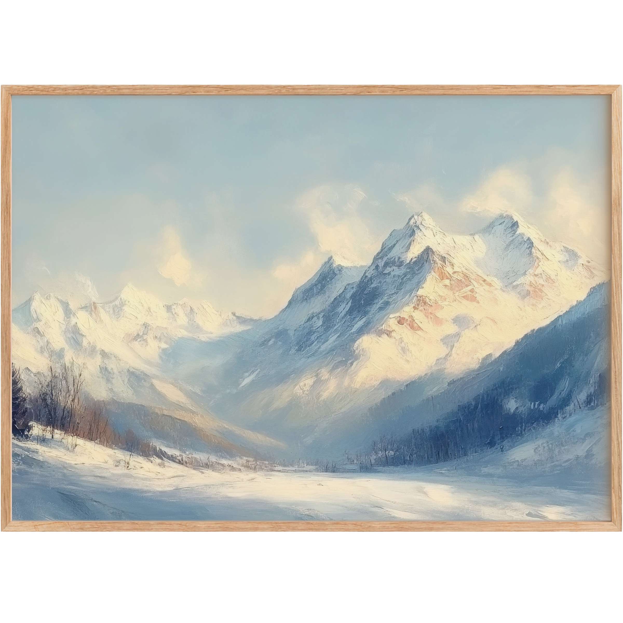 Winter printable wall art capturing serene snow-clad peaks bathed in soft, golden light, infusing spaces with calm elegance