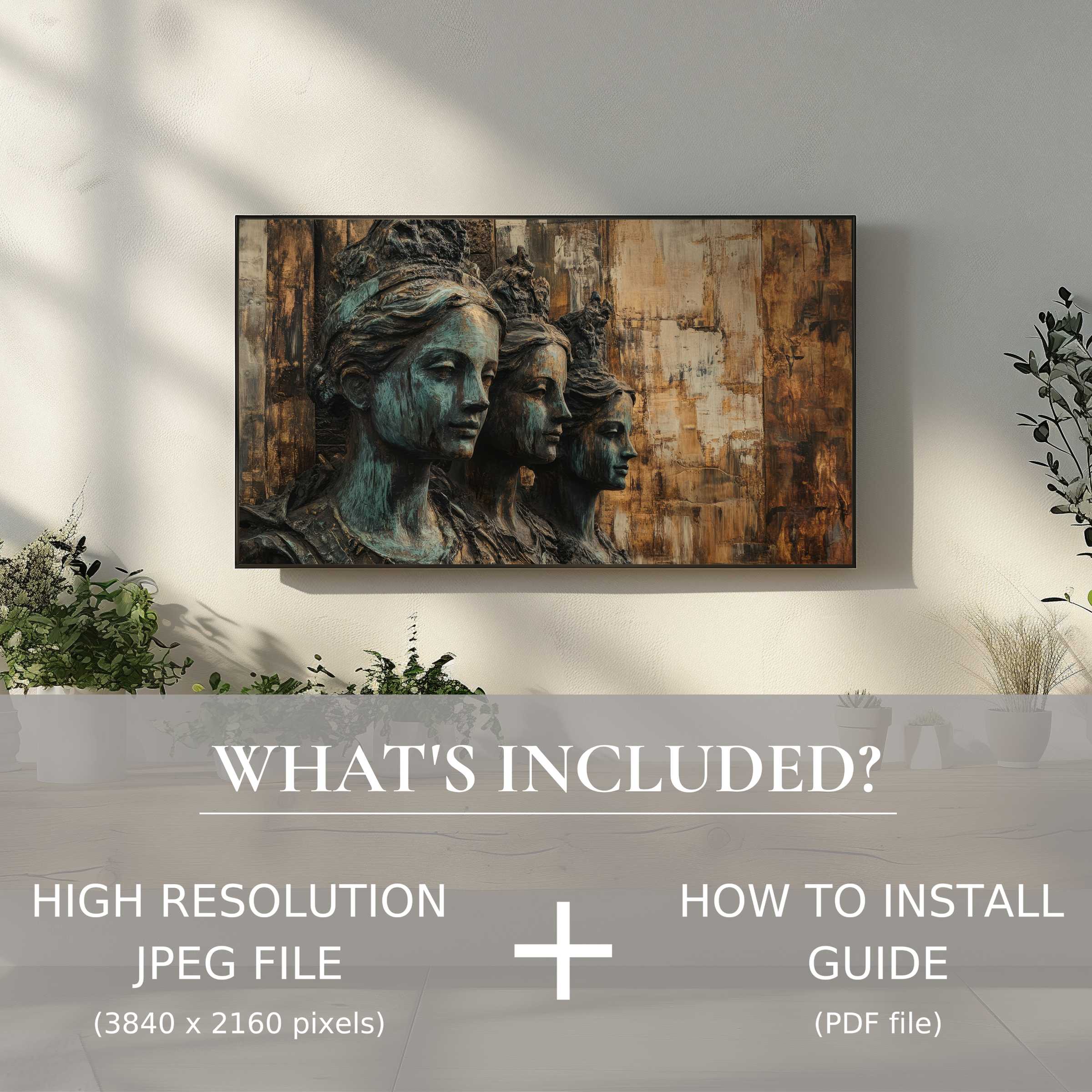 Elegant boho digital TV art download enhancing your space with easy, high-res JPEG for a stylish modern living room