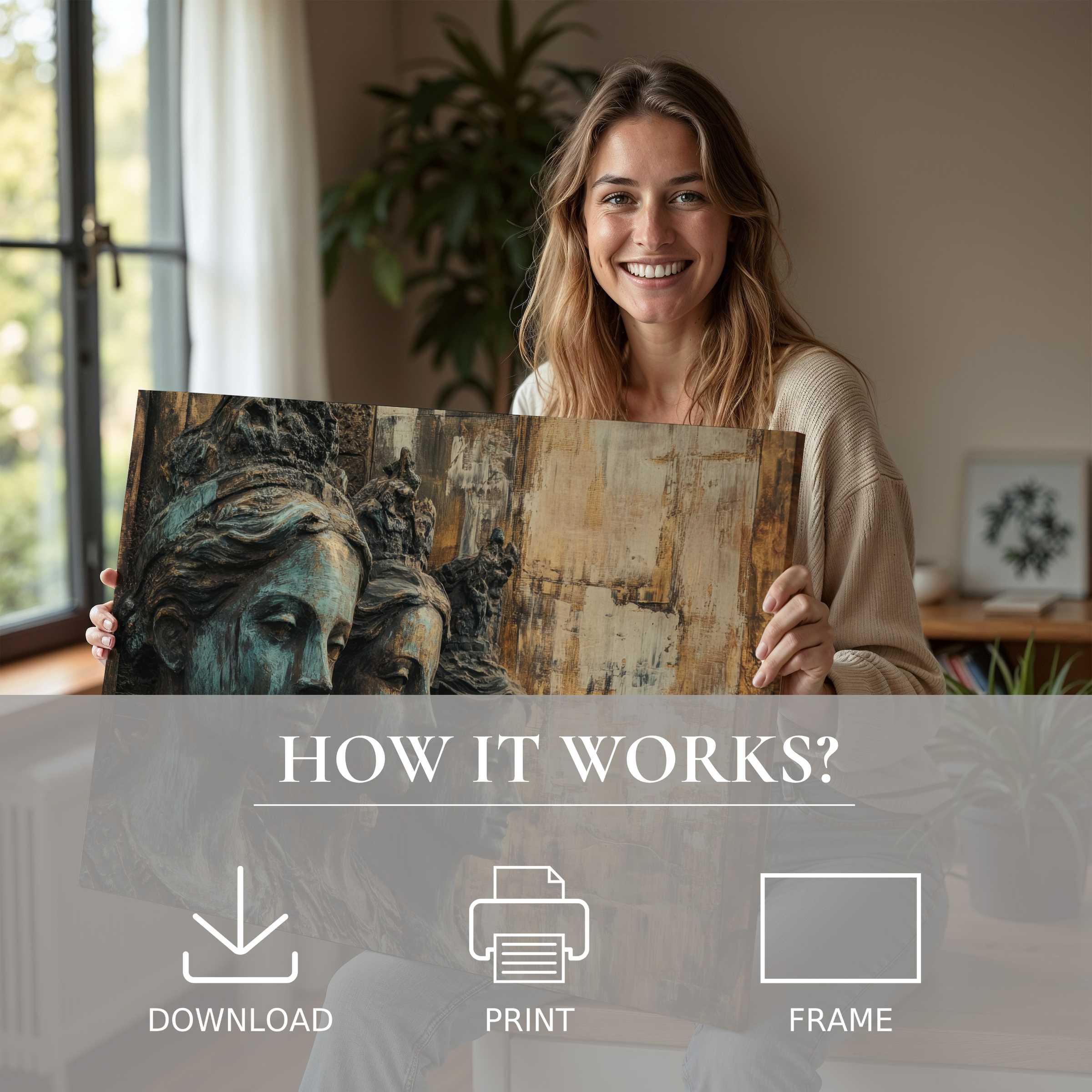 A radiant moment of connection and joy as a woman embraces boho digital art print, enriching her modern living space with soulful beauty
