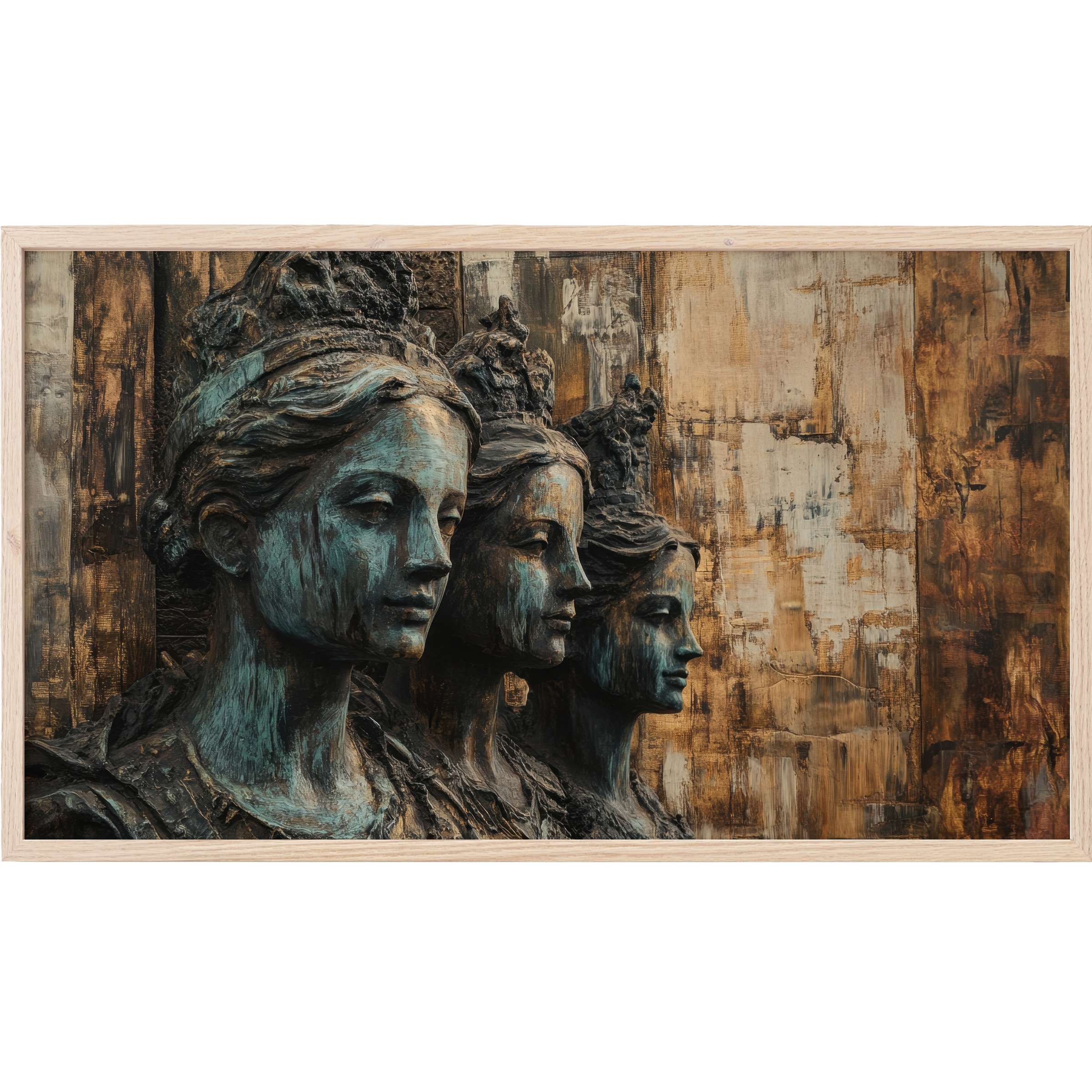Boho Frame TV Art featuring textured bronze statues with patina against warm, rustic gold and brown abstract backdrop