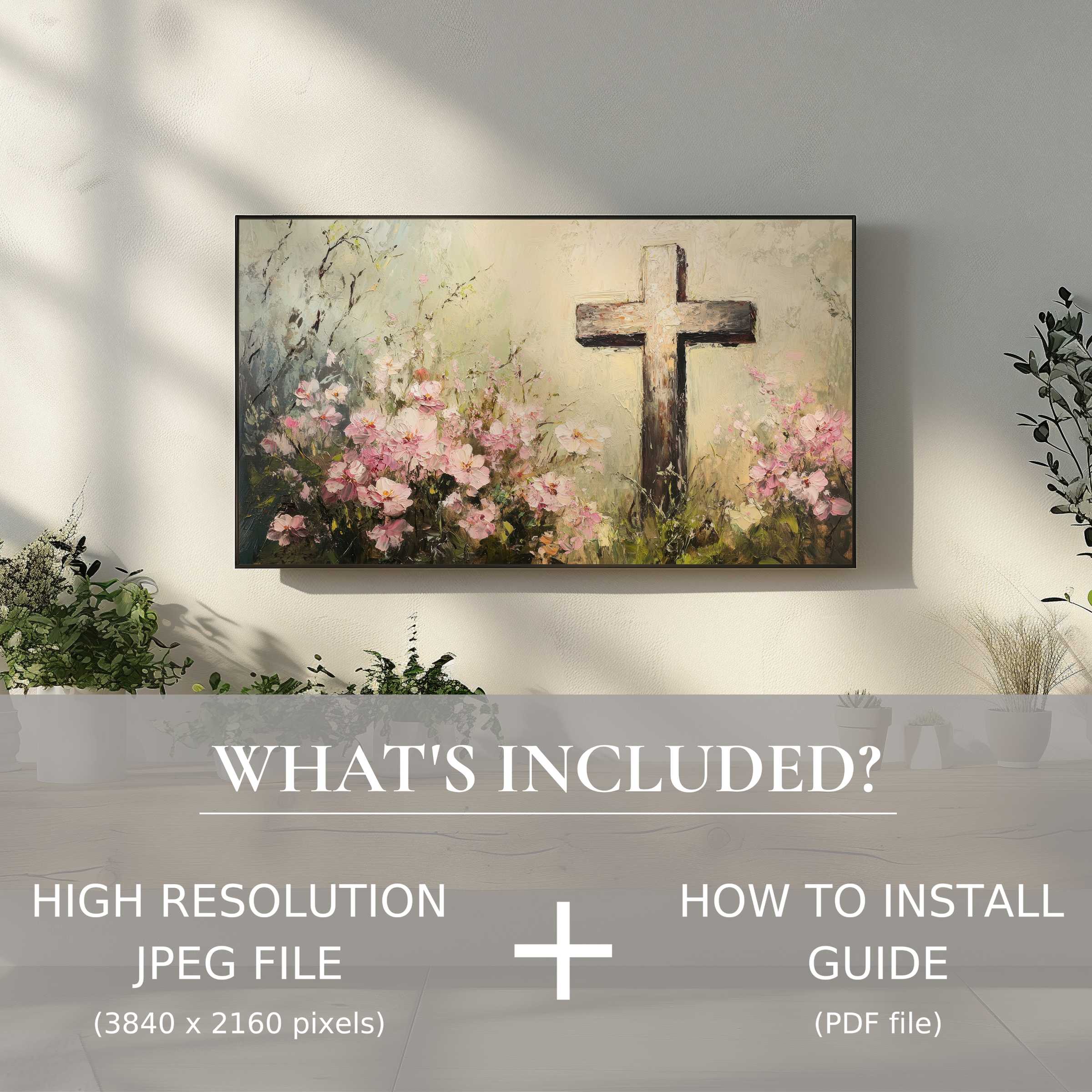 Elegant living space with easter digital TV art download featuring floral cross design, enhancing decor with easy digital use