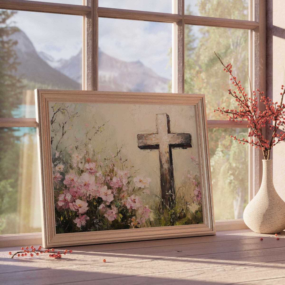 Easter downloadable art featuring a serene cross framed by soft pink blooms, perfect for tranquil, curated luxury interiors