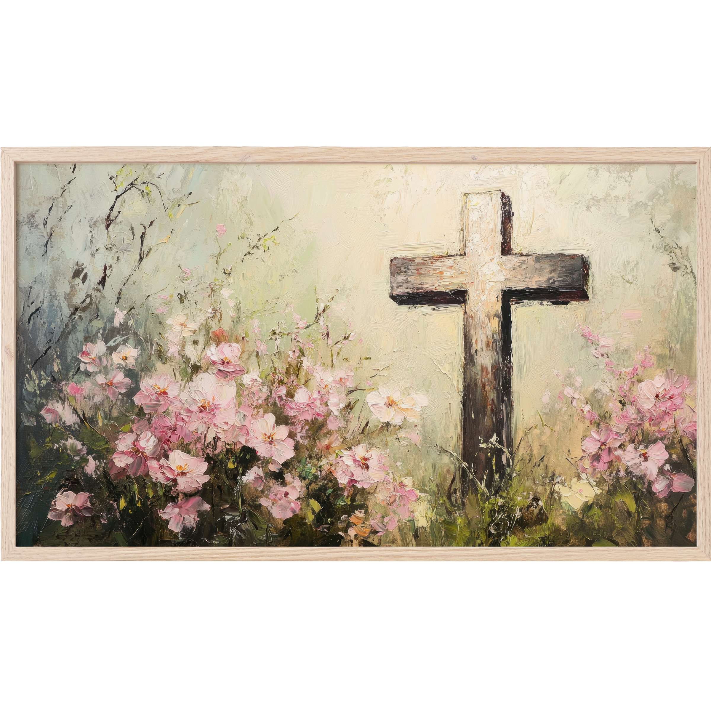 Elegant oil painting of a rustic cross surrounded by soft pink flowers in muted pastels, easter Frame TV Art