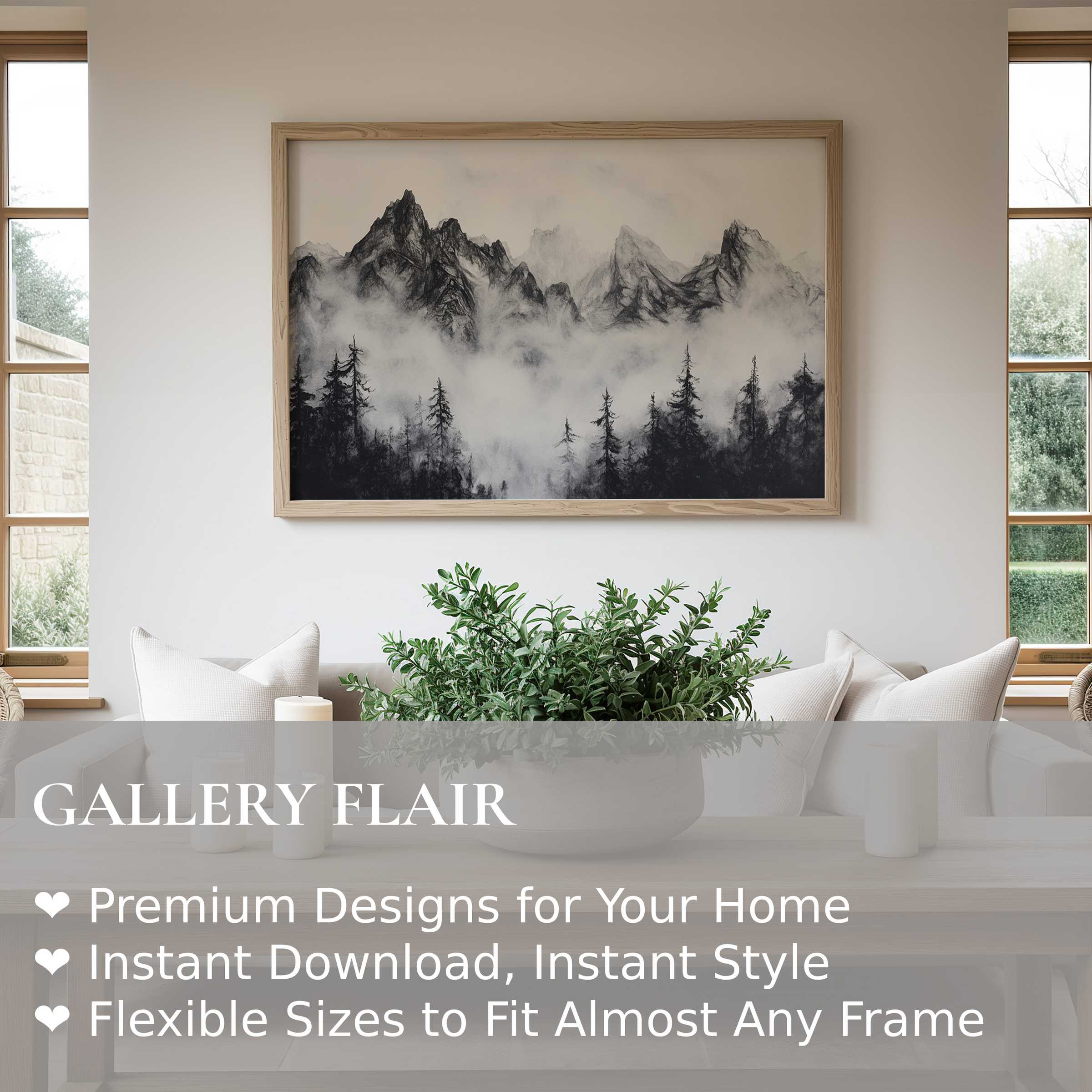 Black and white wall art print of misty mountain peaks and forest silhouettes, enhancing serene modern living spaces with bold, timeless elegance