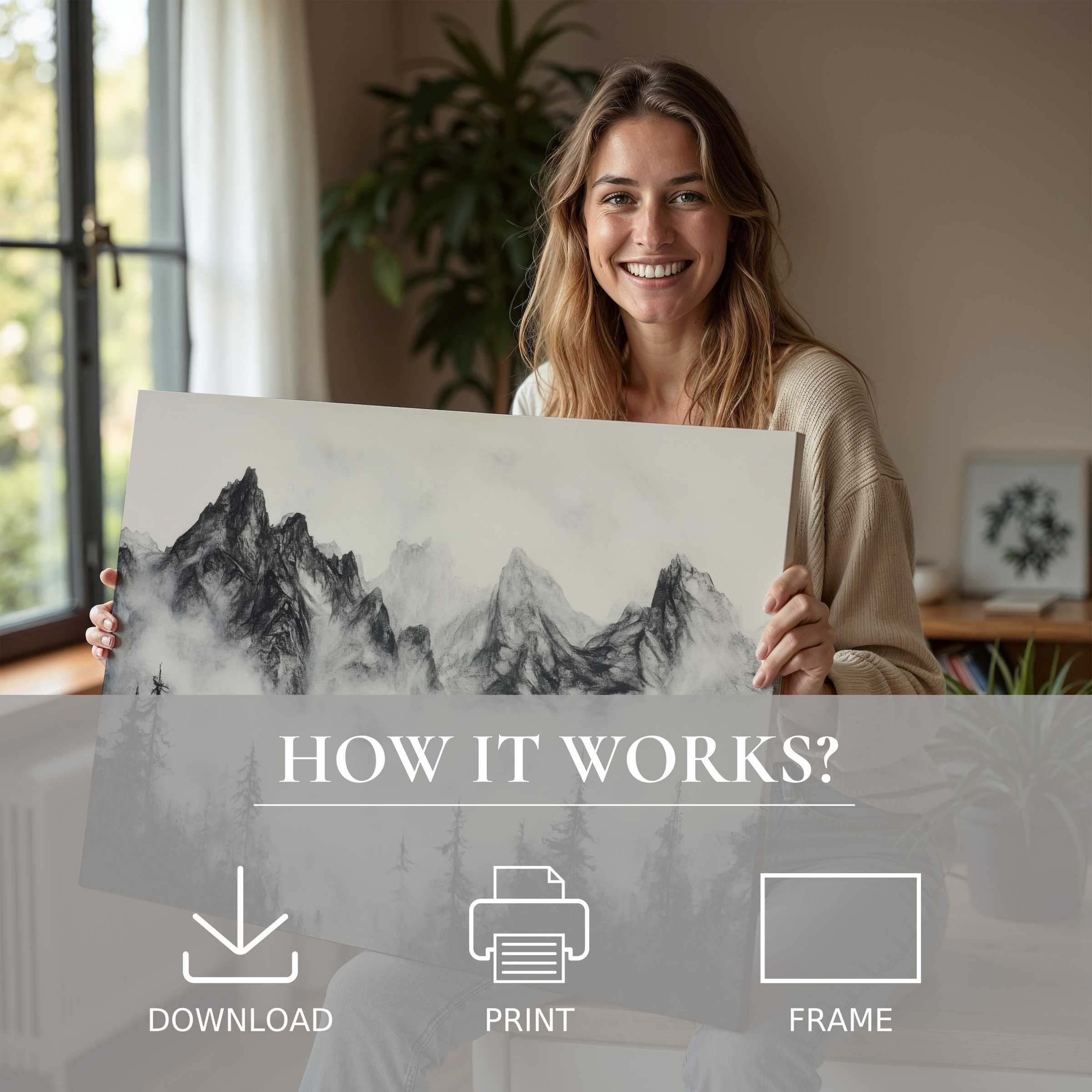 A radiant moment of connection and joy as a woman reveals a black and white digital art print, enriching her modern home with timeless, serene beauty-where effortless elegance meets the transformative power of living with art