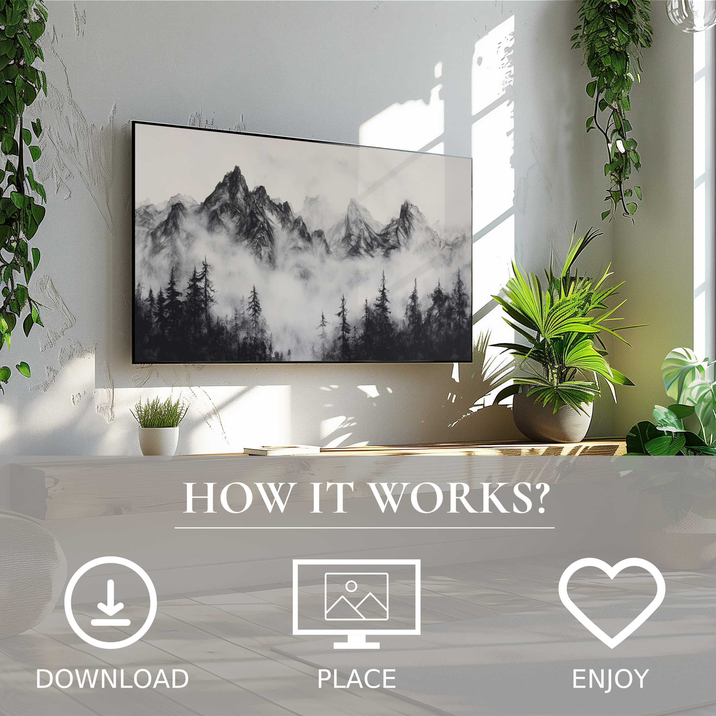 Black and white art for Samsung TV shows misty mountain peaks, easy digital download enhances modern living spaces