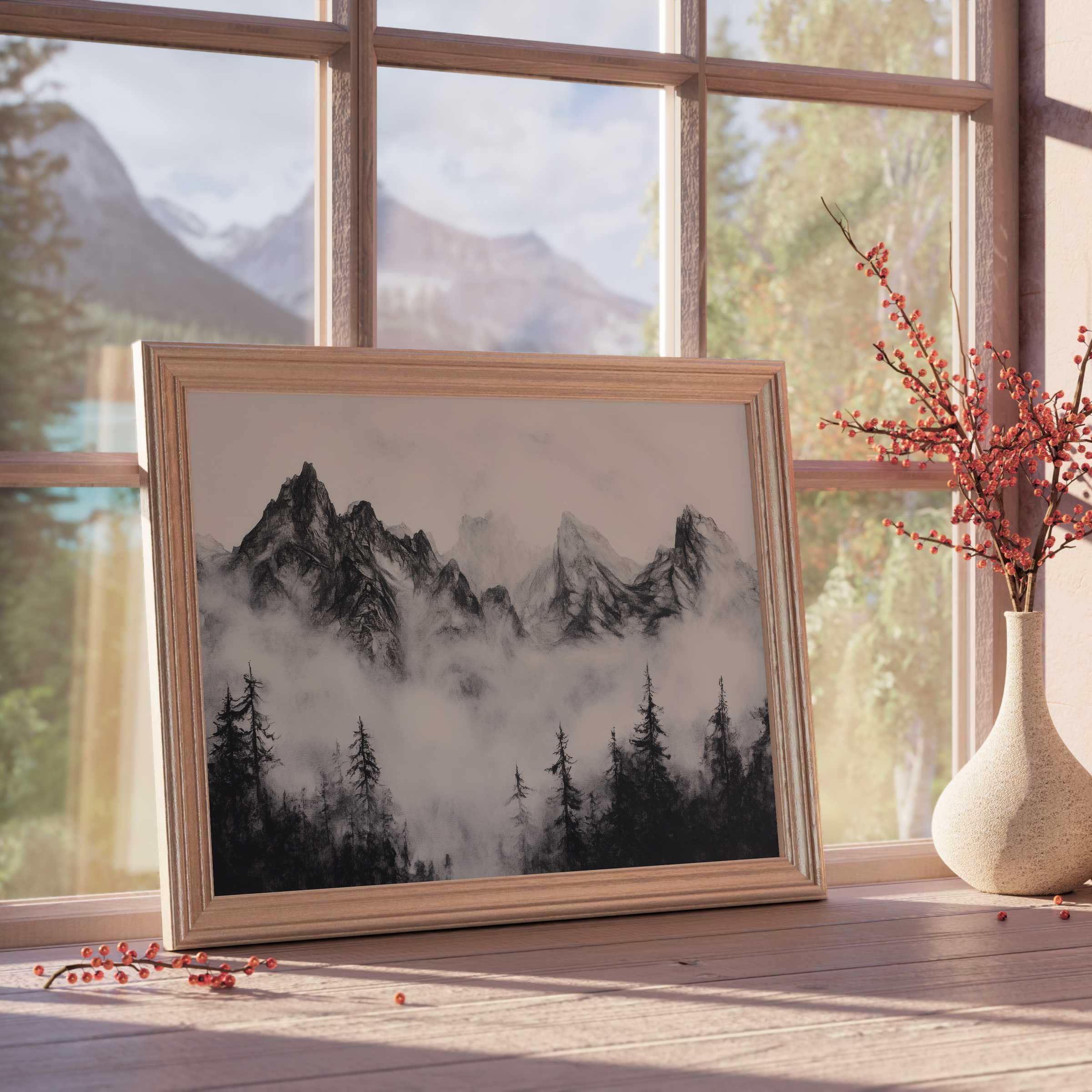 Serene black and white downloadable art capturing misty mountain peaks and forest silhouettes, perfect for tranquil, curated interiors