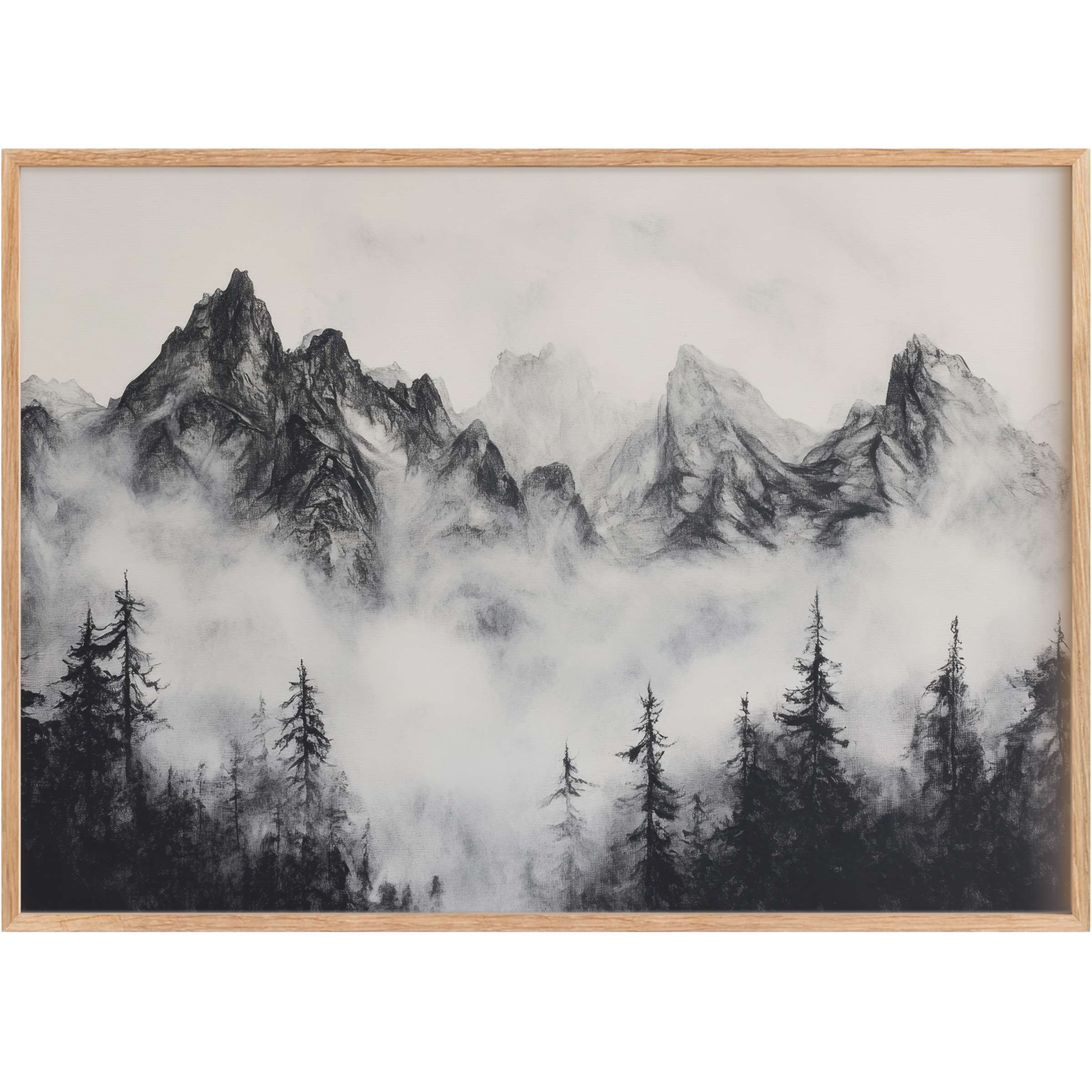 Black and white printable wall art capturing misty mountain peaks and silhouetted pines, evoking serene and timeless elegance