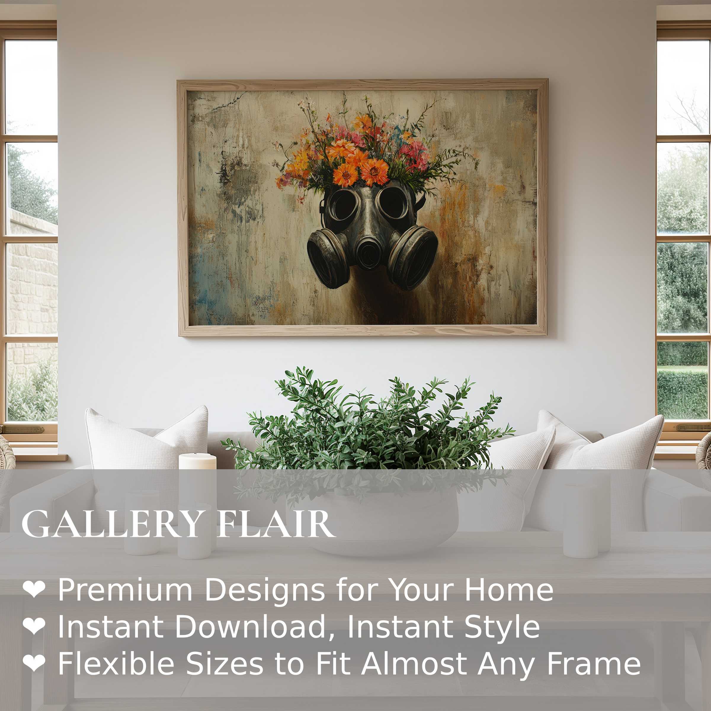 Street art wall art print featuring a bold gas mask with vibrant floral crown, enriching modern rustic interiors with edgy, artistic allure
