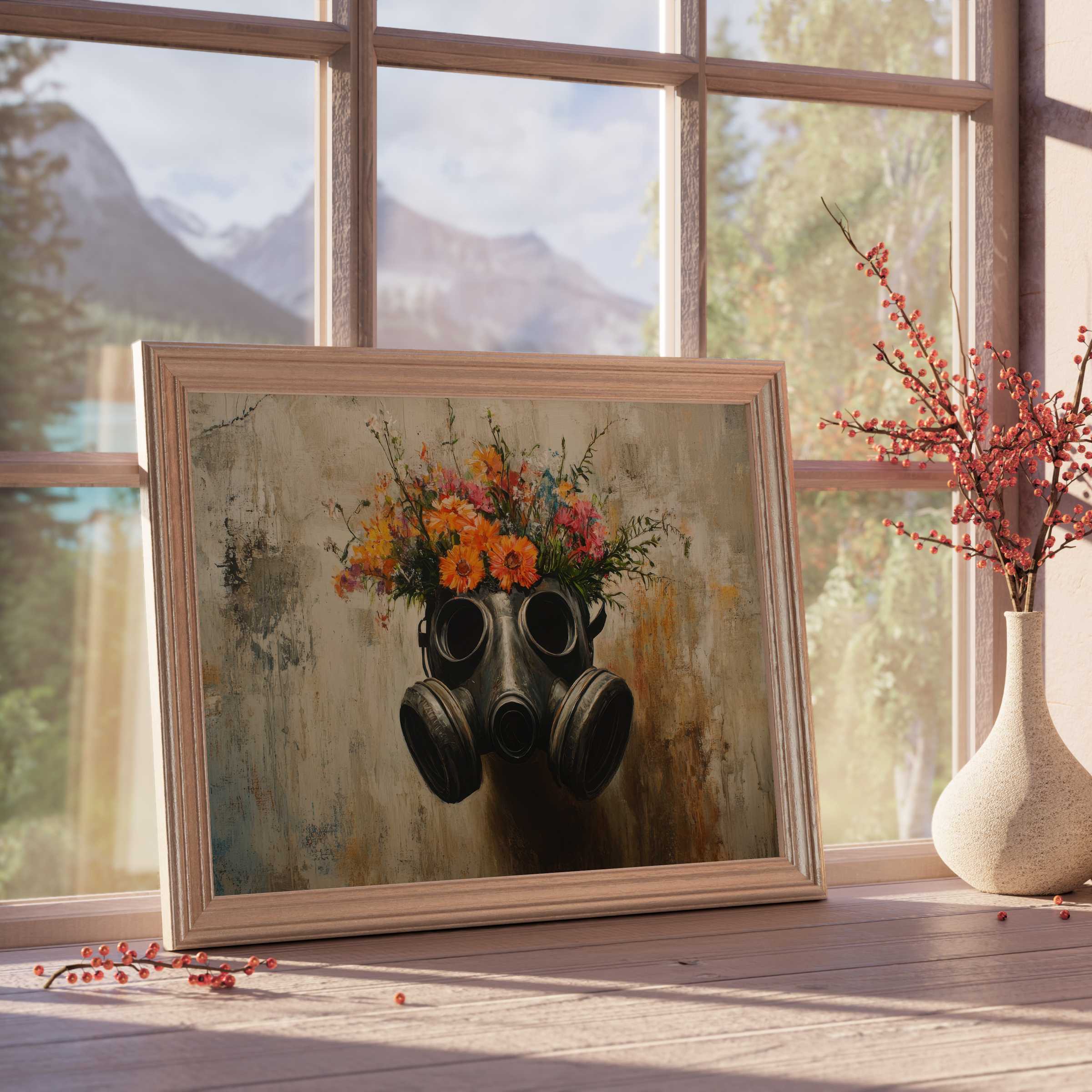 Street art downloadable art blending gritty urban edge with vibrant floral beauty, elevating curated, tranquil interiors with bold, expressive charm
