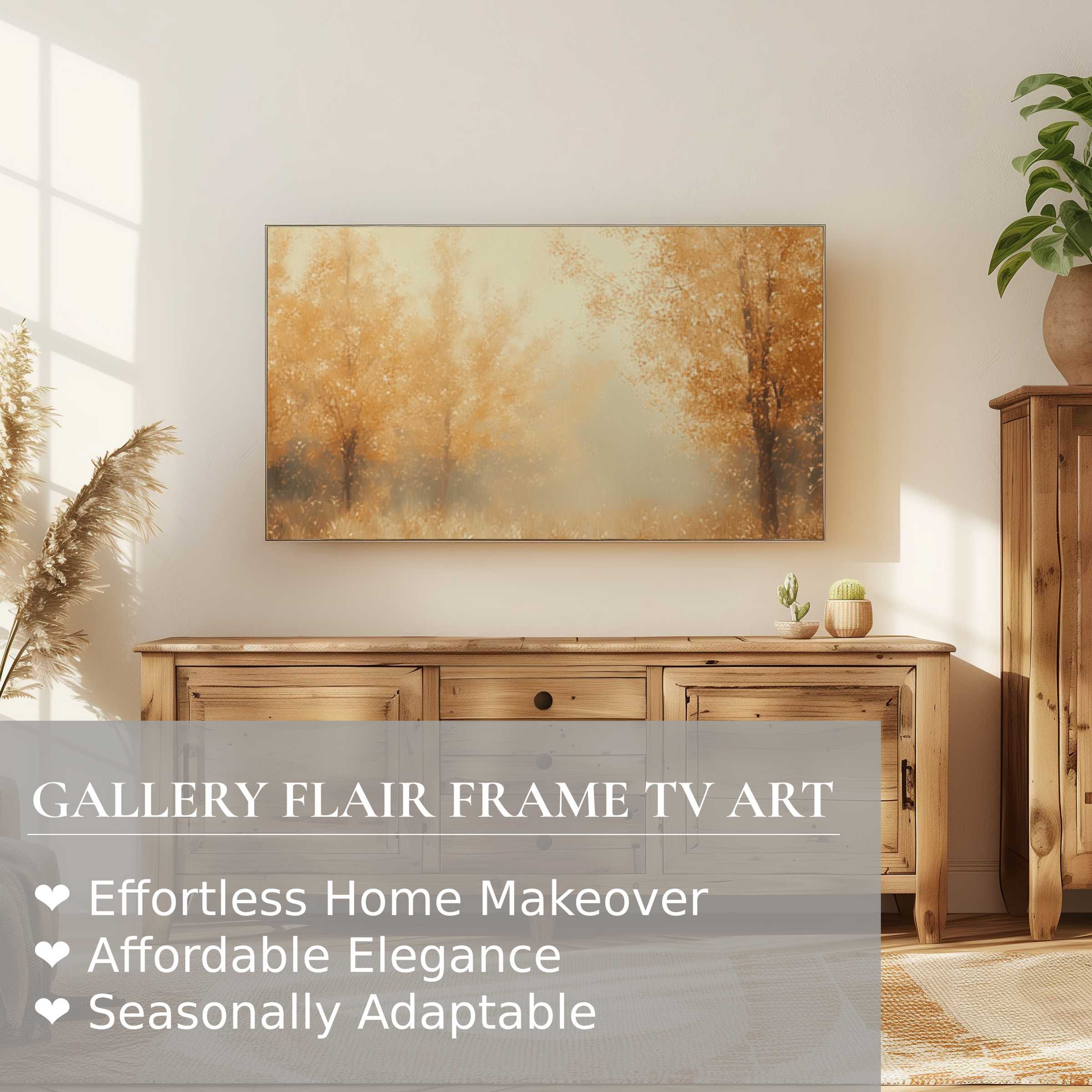 Elegant fall digital artwork on Samsung Frame TV, blending warm autumn hues with modern, natural home decor