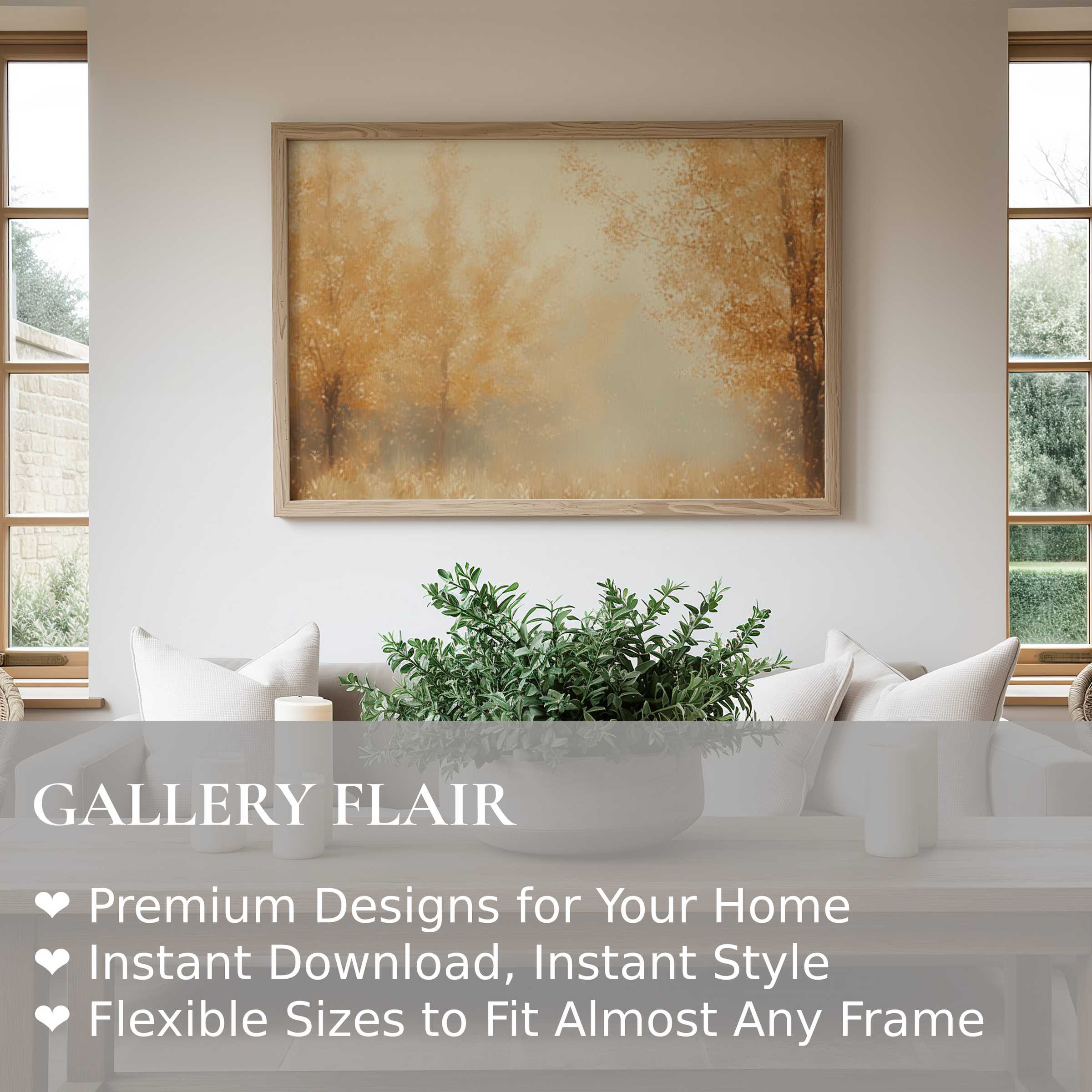 Radiant fall wall art print featuring soft amber trees, enhancing minimalist, modern living spaces with warm autumnal elegance and calming ambiance