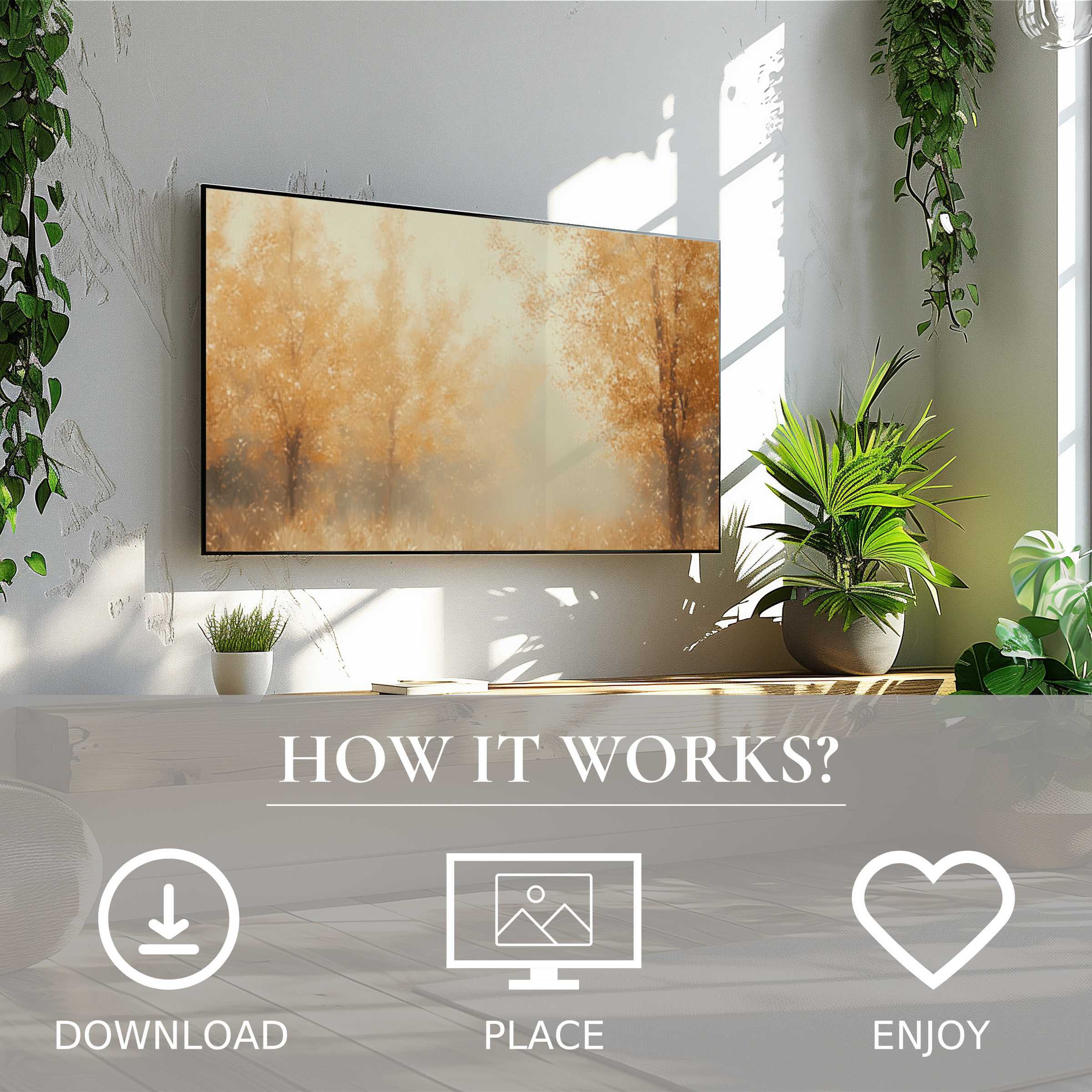 Fall art for Samsung TV with soft amber tree tones, easy digital download enriching your modern living space