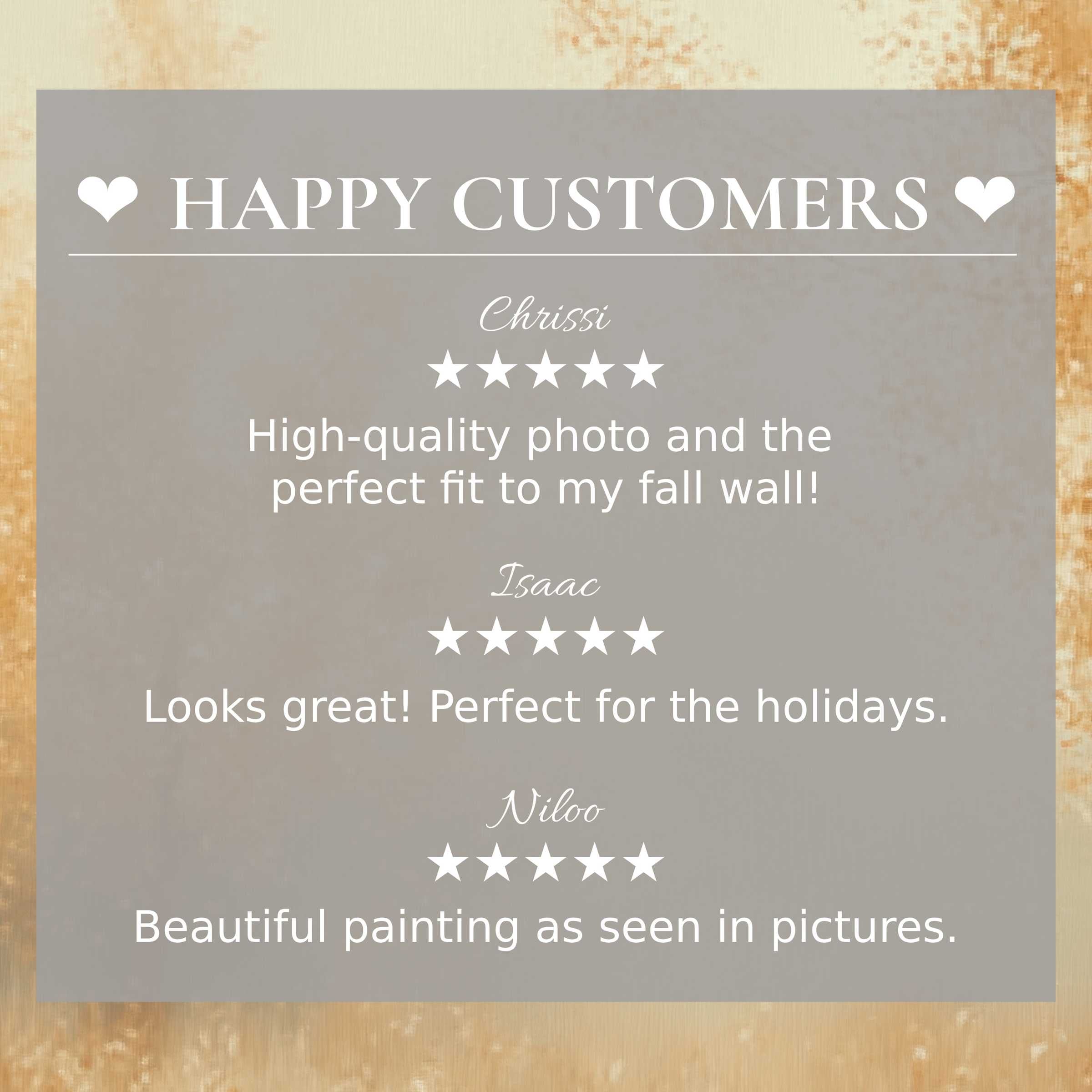 Elegant fall art for Frame TV with abstract sunset hues and glowing happy customer reviews, inspiring trust and style