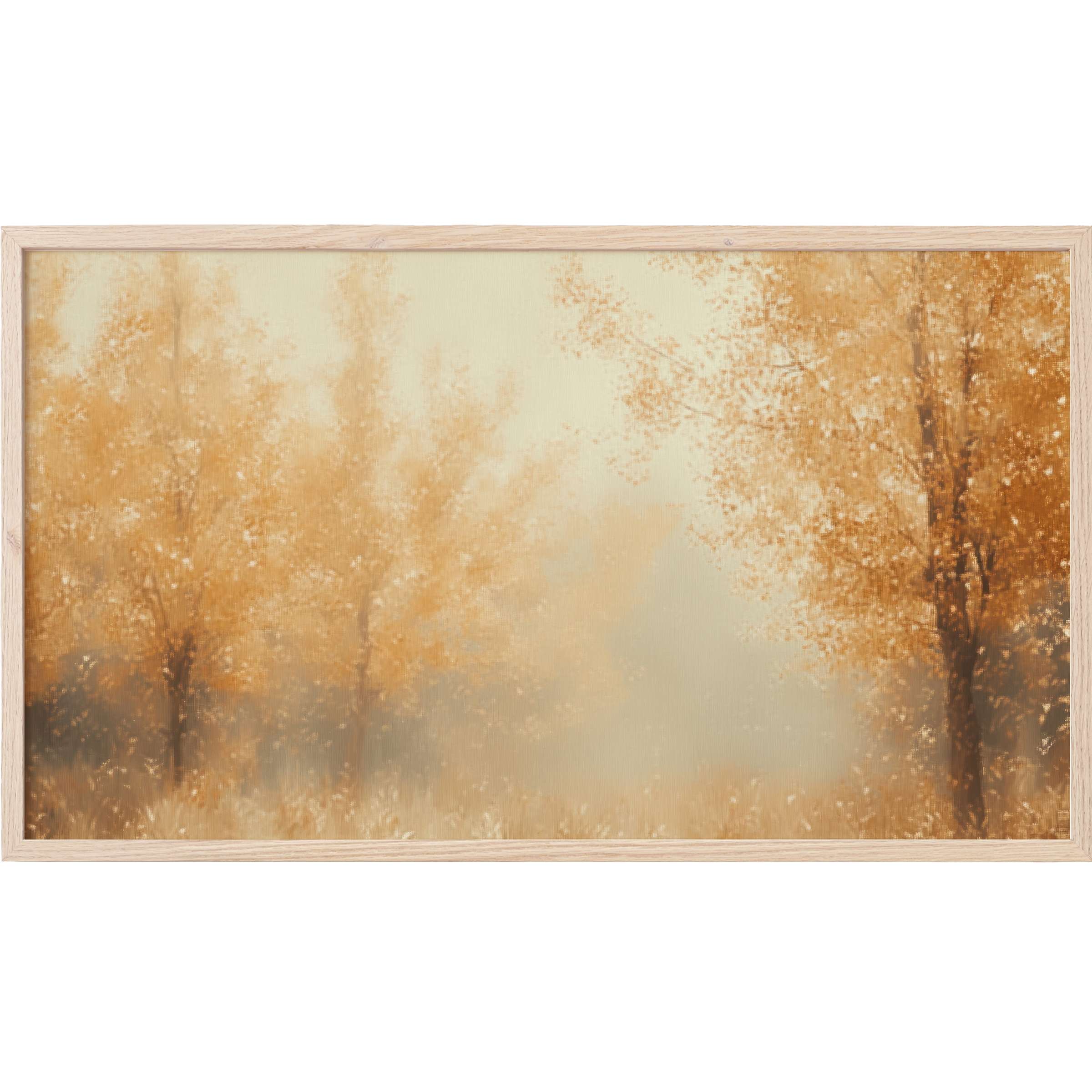 Fall Frame TV Art depicting soft, blurred golden and amber trees in a misty, elegant autumn landscape