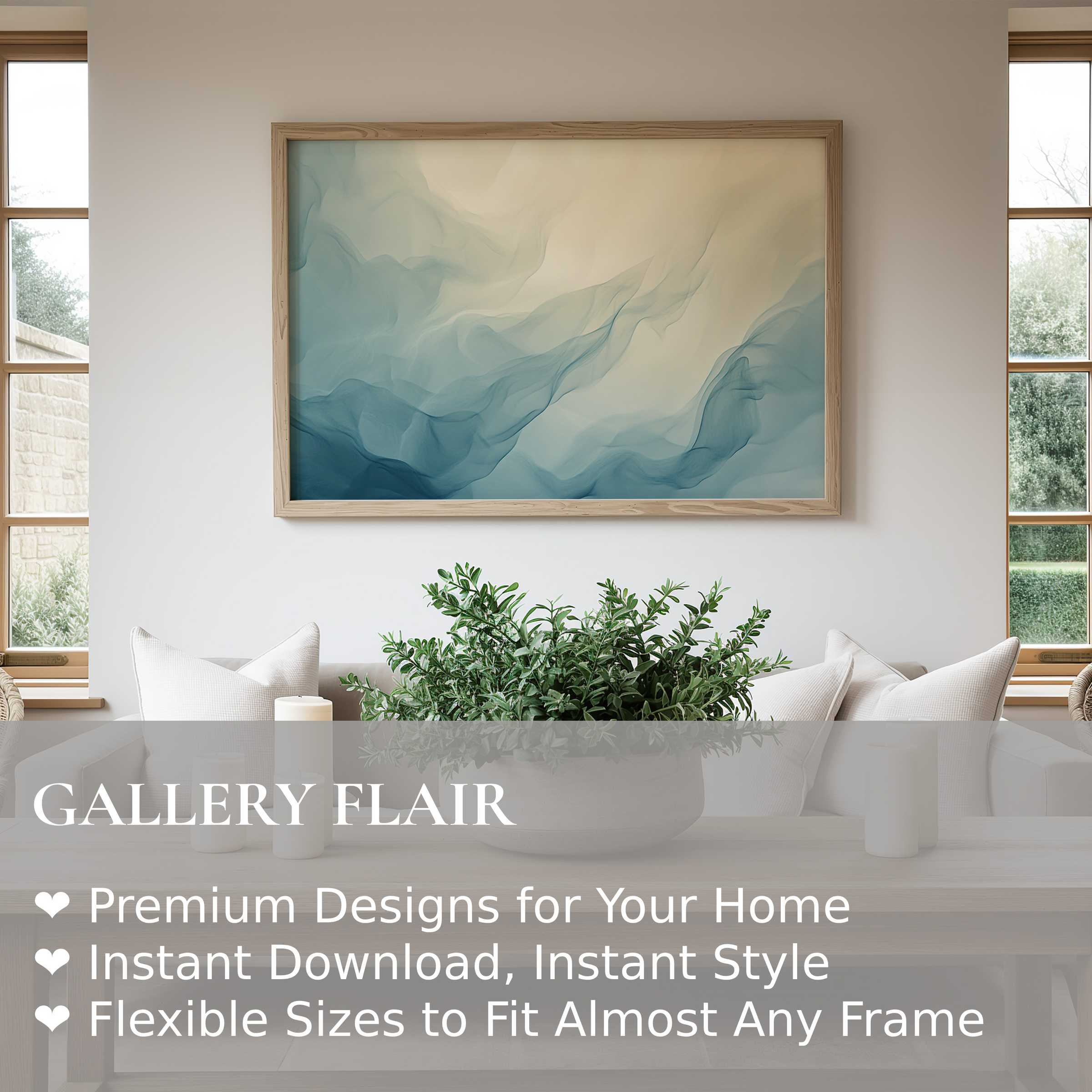 Abstract wall art print with serene blue and beige tones, enhancing modern minimalist decor with calming, ethereal elegance and natural warmth