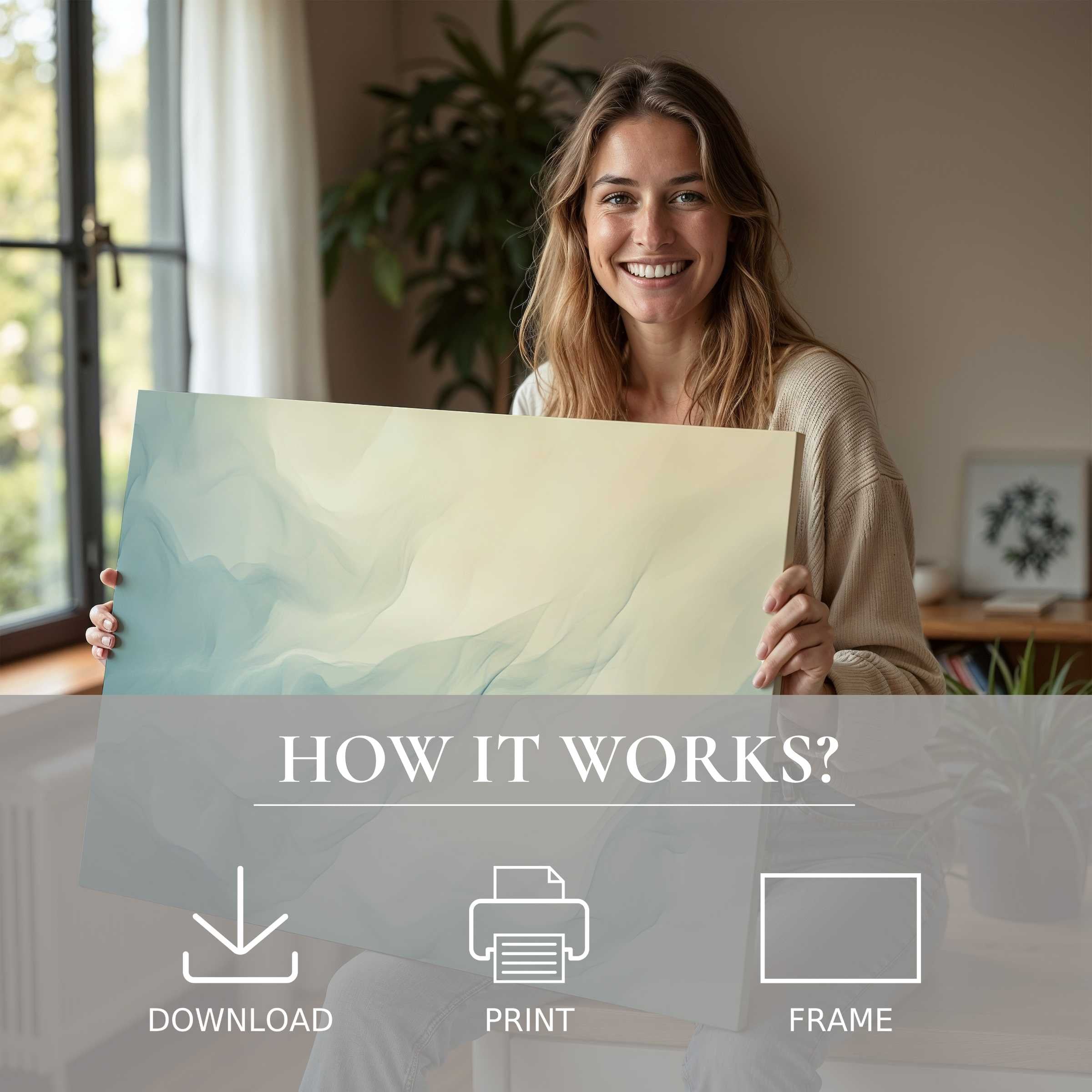 Graceful moment in a sunlit modern home, where an abstract digital art print invites serene joy and effortless style