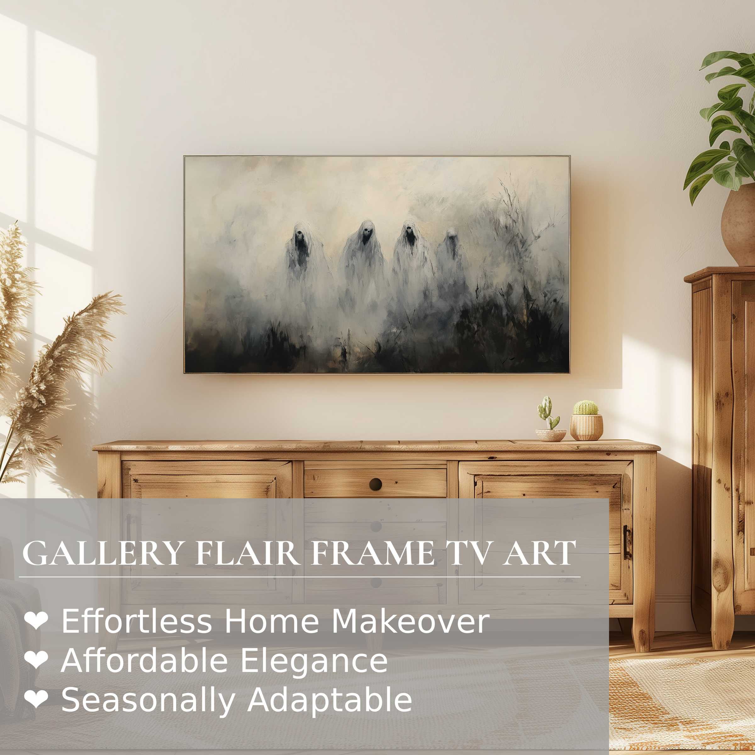 Samsung Frame TV displays moody, ethereal halloween digital artwork in a serene, modern rustic living space