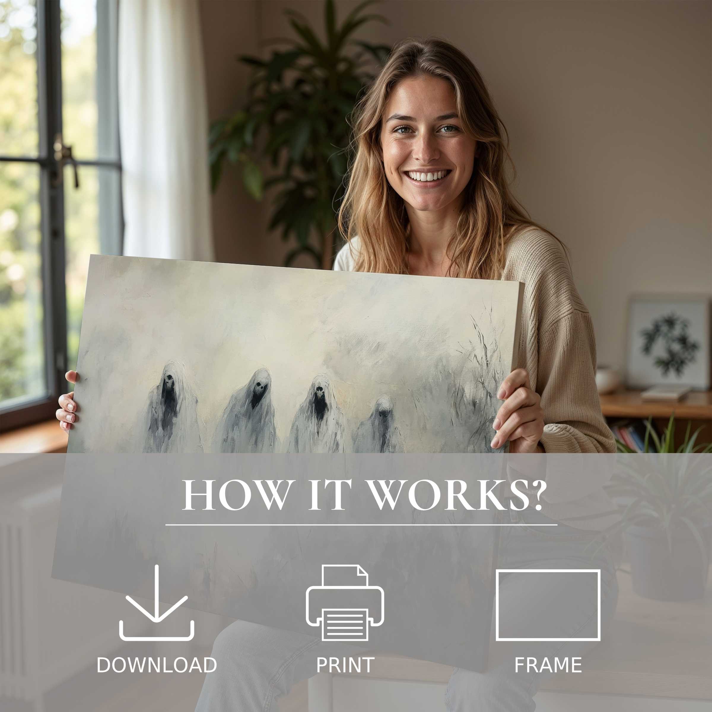 A serene moment of joy embracing a haunting halloween digital art print in a stylish modern home
