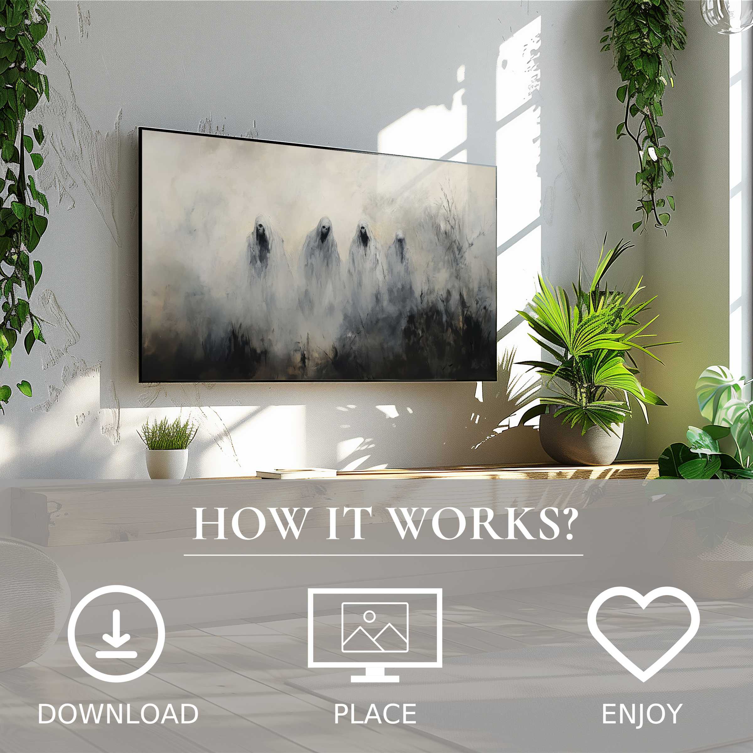 Modern living room with easy digital download of halloween art for Samsung TV showing ghostly foggy figures