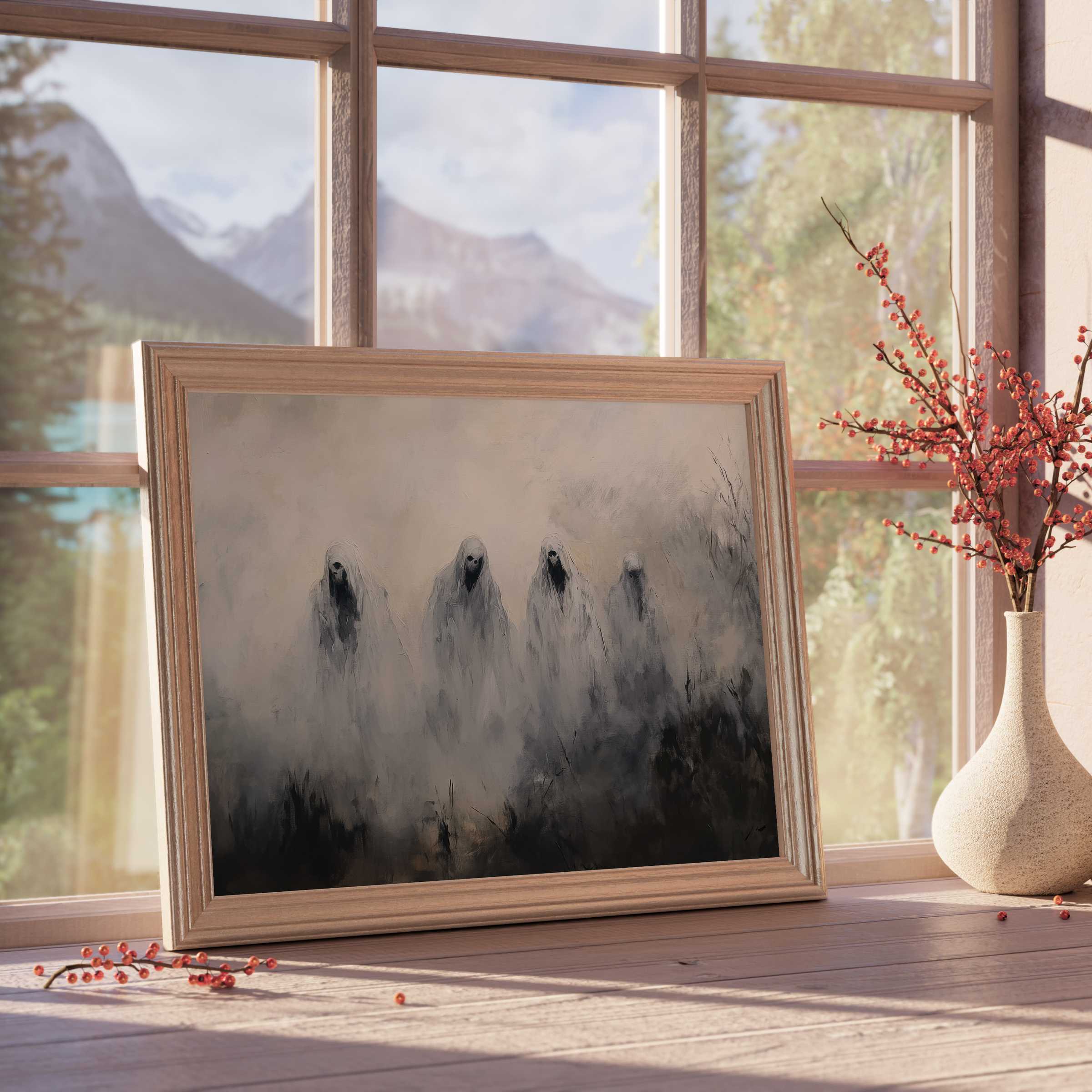 Ethereal Halloween downloadable art featuring spectral figures in misty greys, perfect for elevating serene, design-forward interiors