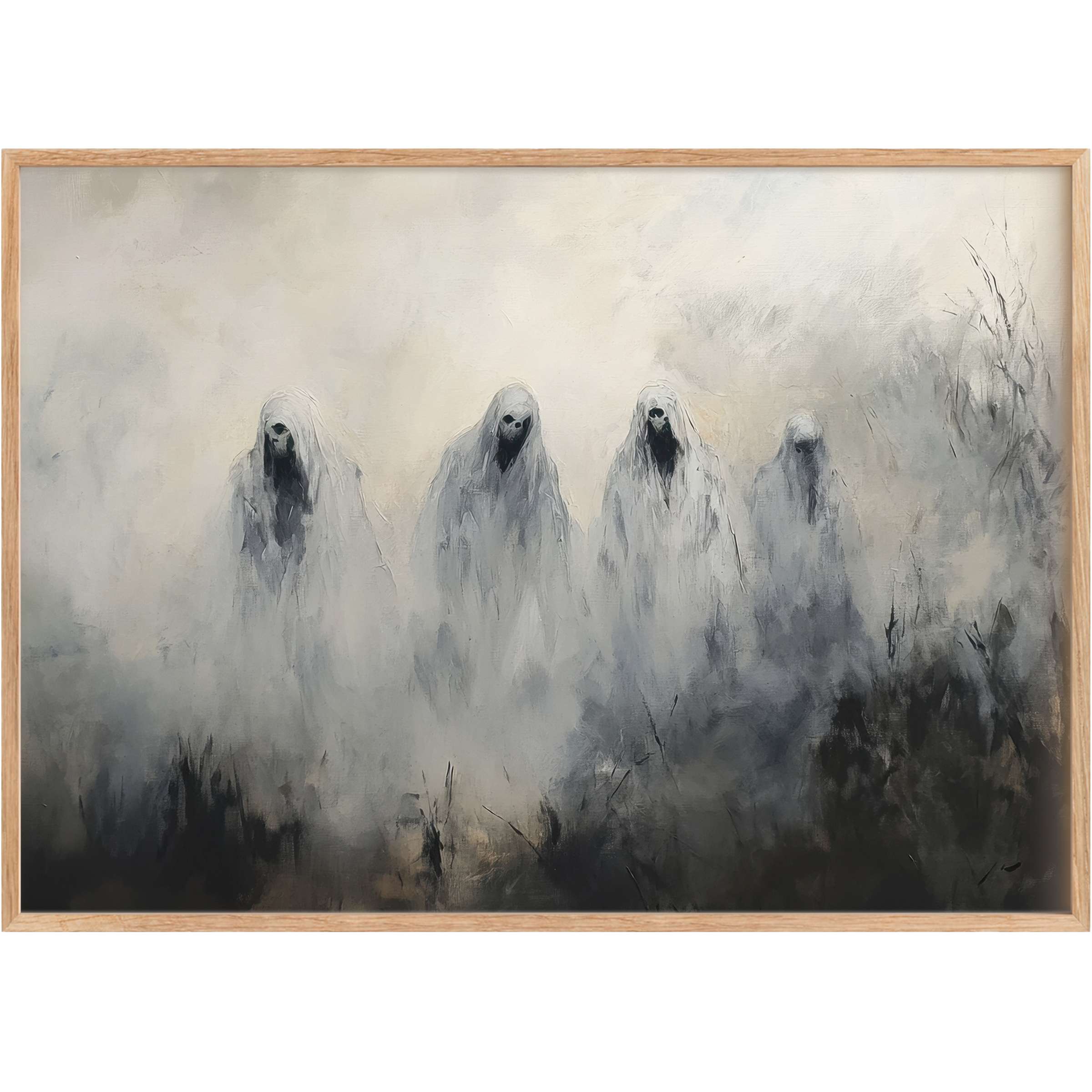 Ethereal Halloween printable wall art with haunting white figures weaving through a misty gray and black landscape, evoking mysterious, spectral elegance
