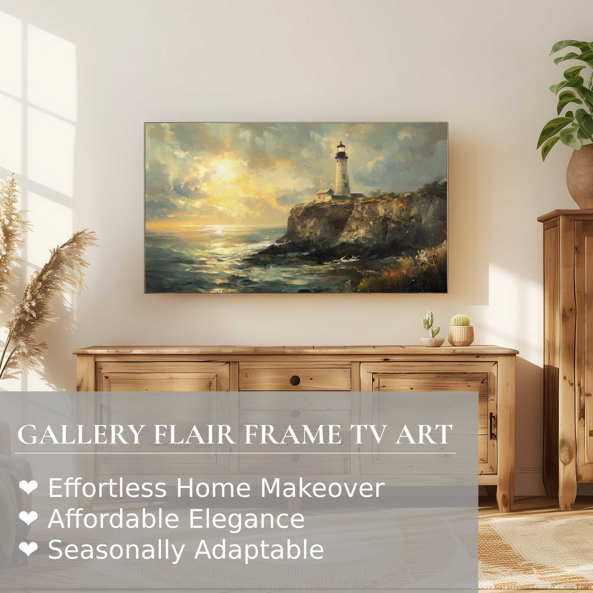Samsung Frame TV displaying a serene beach digital artwork of a lighthouse at sunset, modern and elegant decor