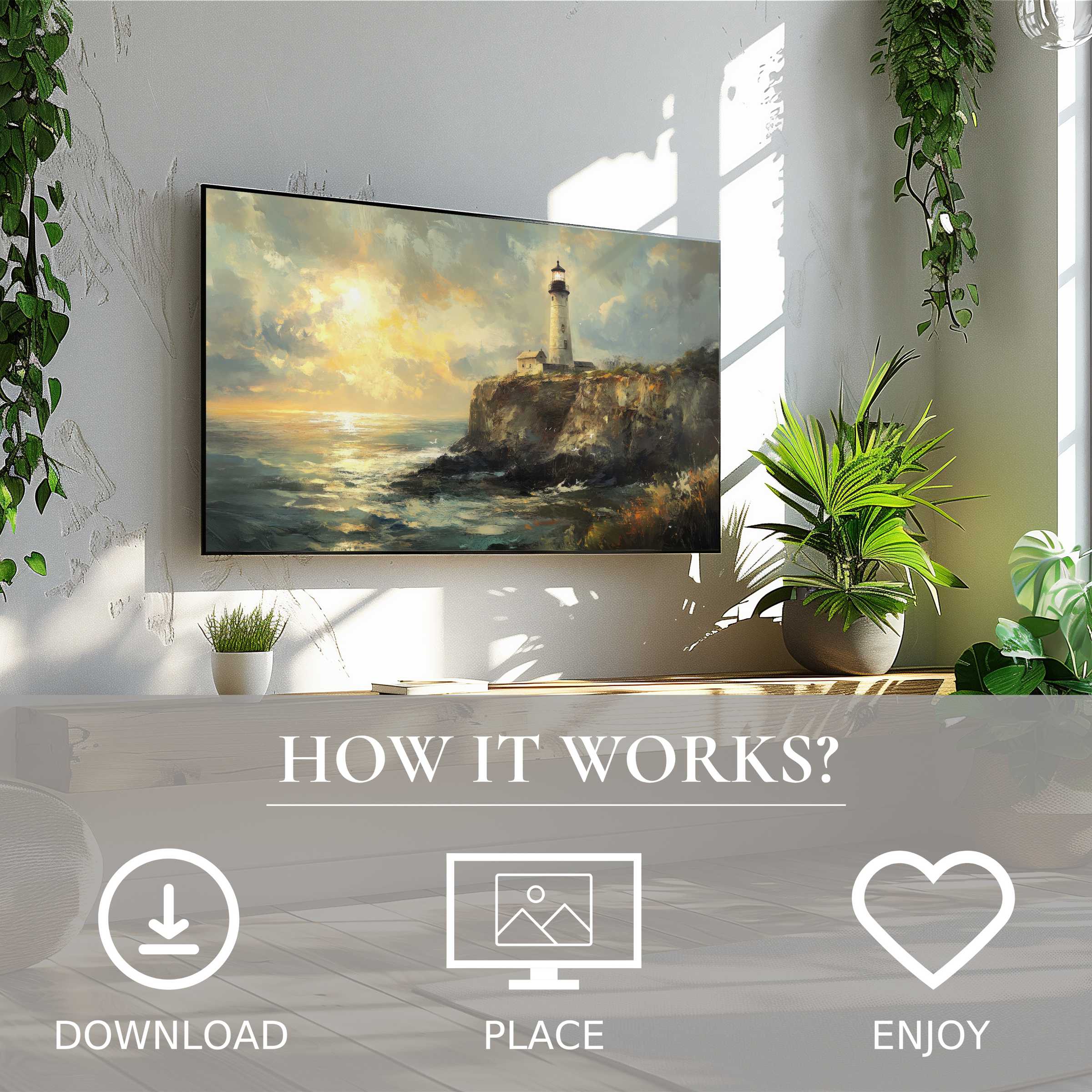 Modern living room with beach art for Samsung TV showing soft sunset tones lighthouse scene; easy digital download enriches space