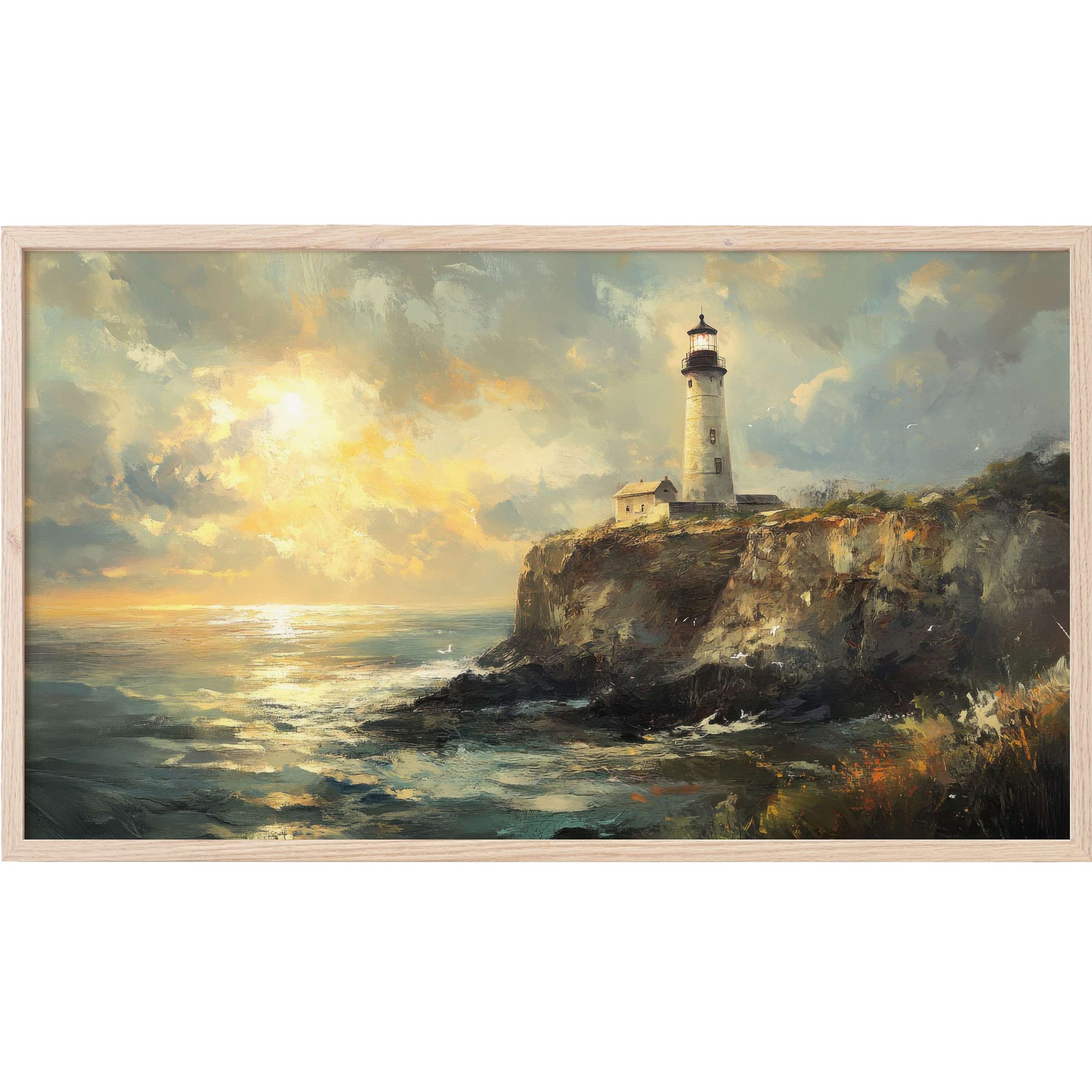 Serene lighthouse on rocky cliffs at sunset, muted blues and golds with textured brushstrokes, beach Frame TV Art