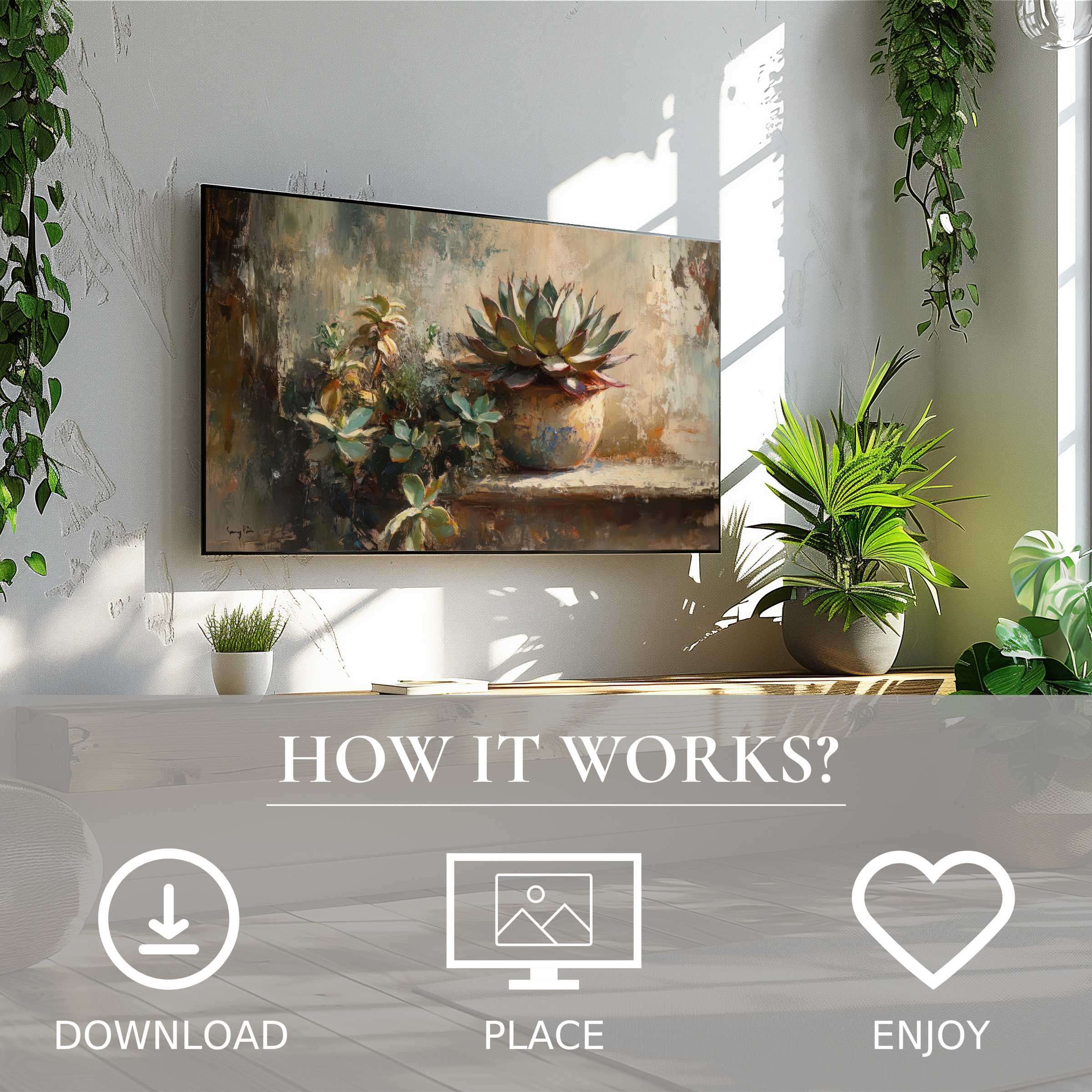 Botanical art for Samsung TV shows soft earthy succulents; easy digital download enriches any modern living space