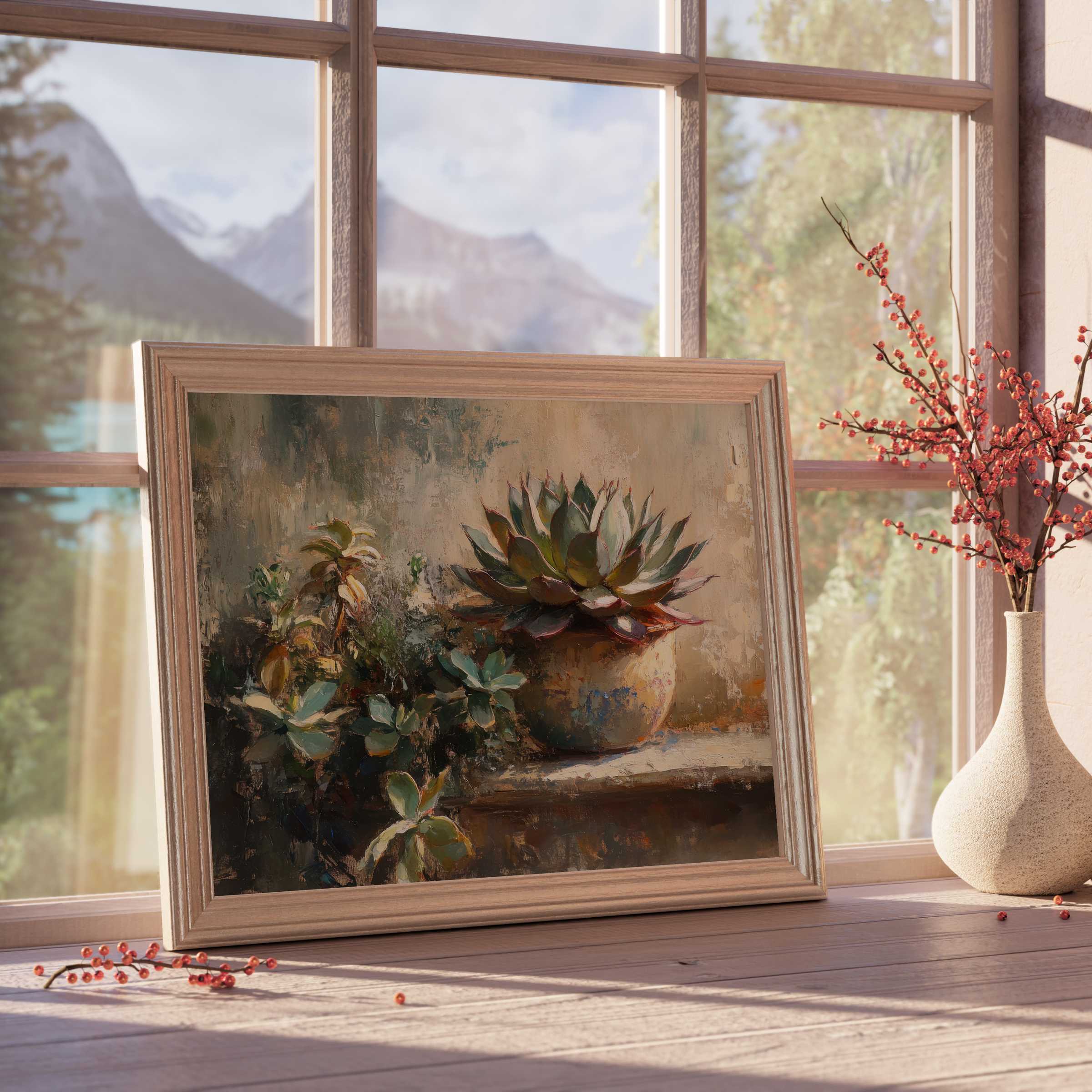 Botanical downloadable art of textured succulents in earthy tones, elevating refined, serene interiors with natural charm