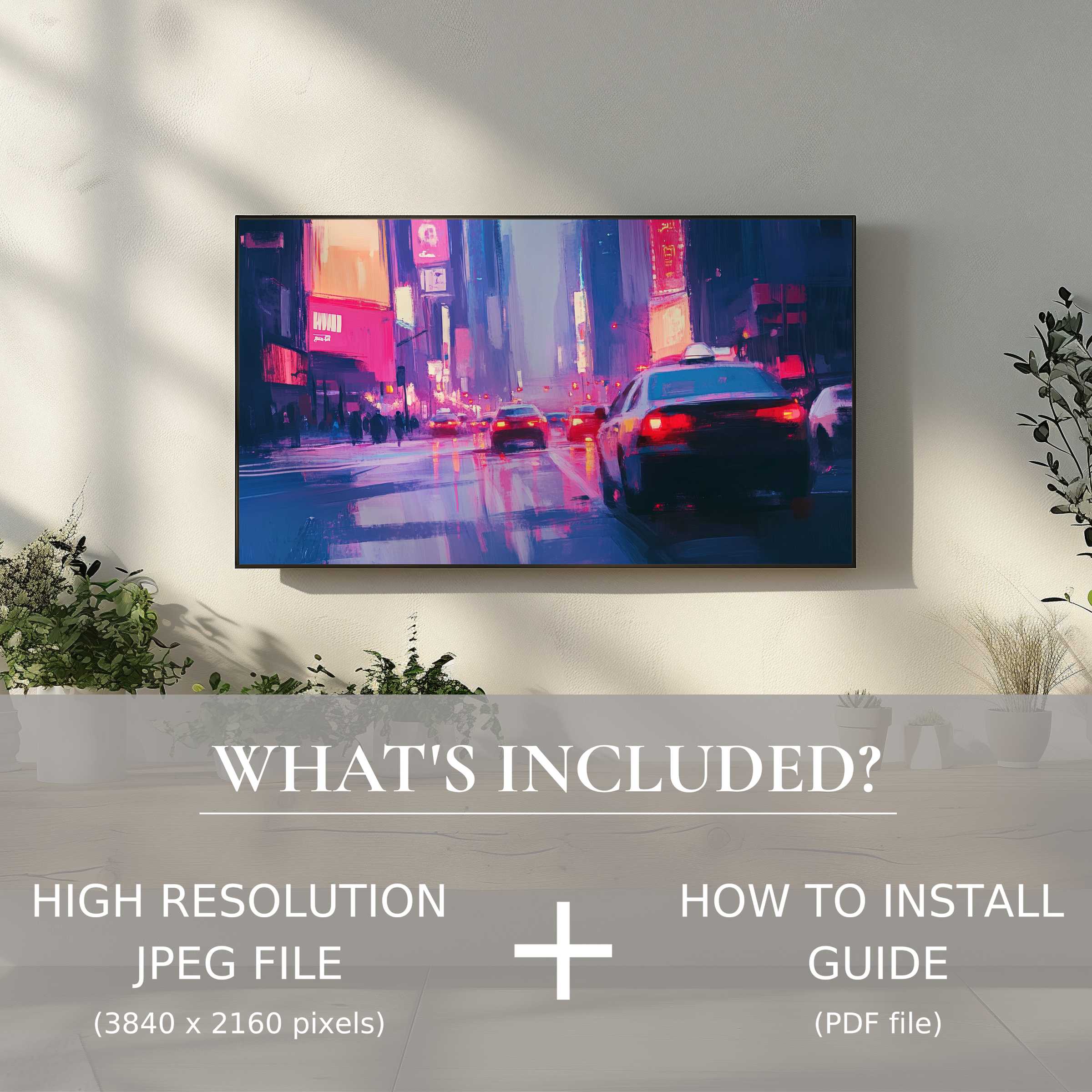 Urban digital TV art download showcasing vibrant cityscape, enhancing modern living with easy digital use