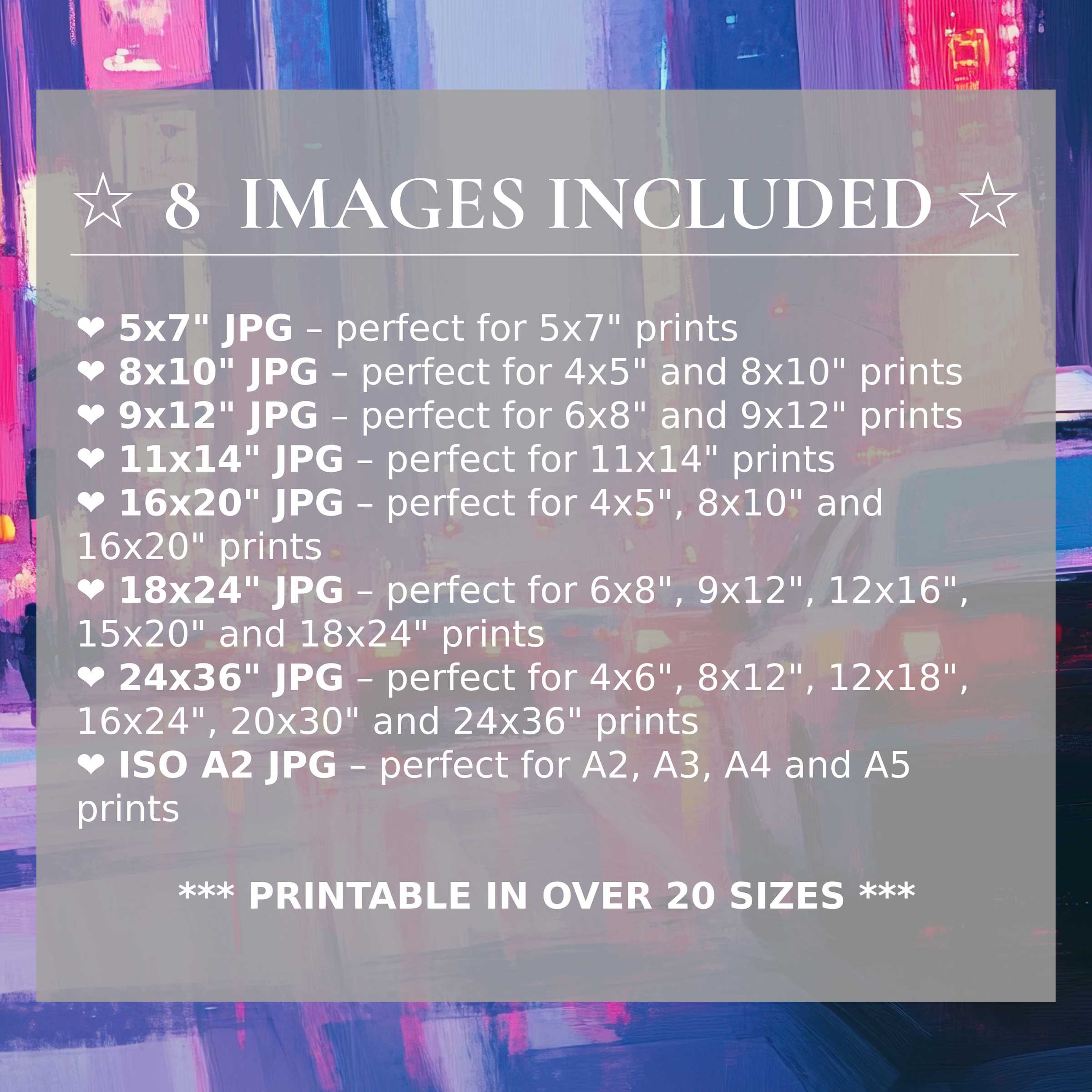 Urban digital print in radiant pinks and calming blues, delivered in 8 high-quality sizes to elevate modern interiors with versatile style