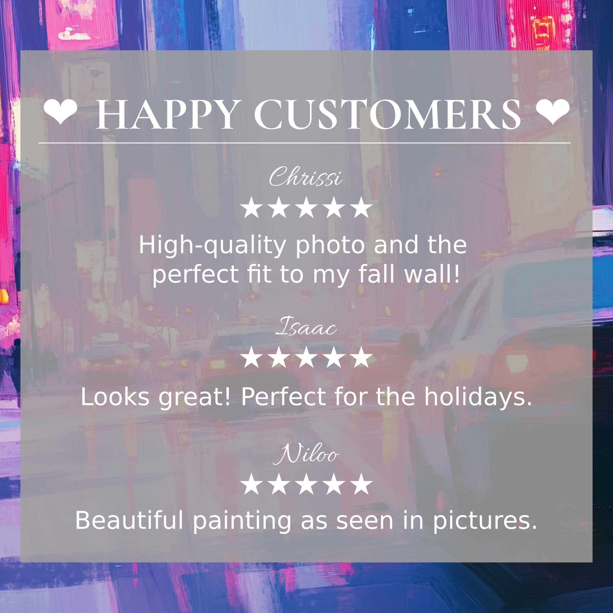 Urban art for Frame TV with abstract sunset hues; happy customer reviews build trust and highlight elegant design